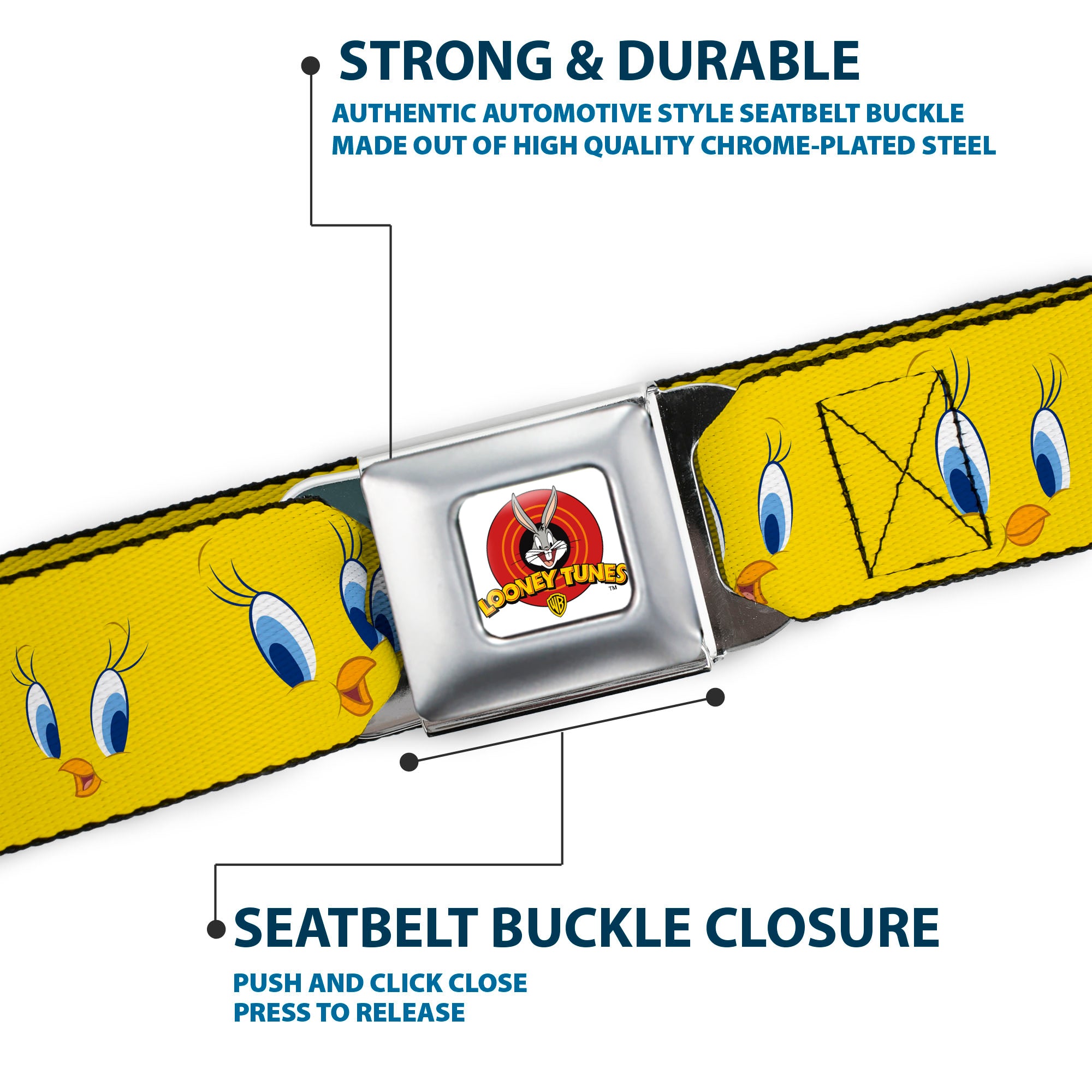 Looney Tunes Logo Full Color White Seatbelt Belt - Tweety Bird Expressions2 Webbing Seatbelt Belts Looney Tunes