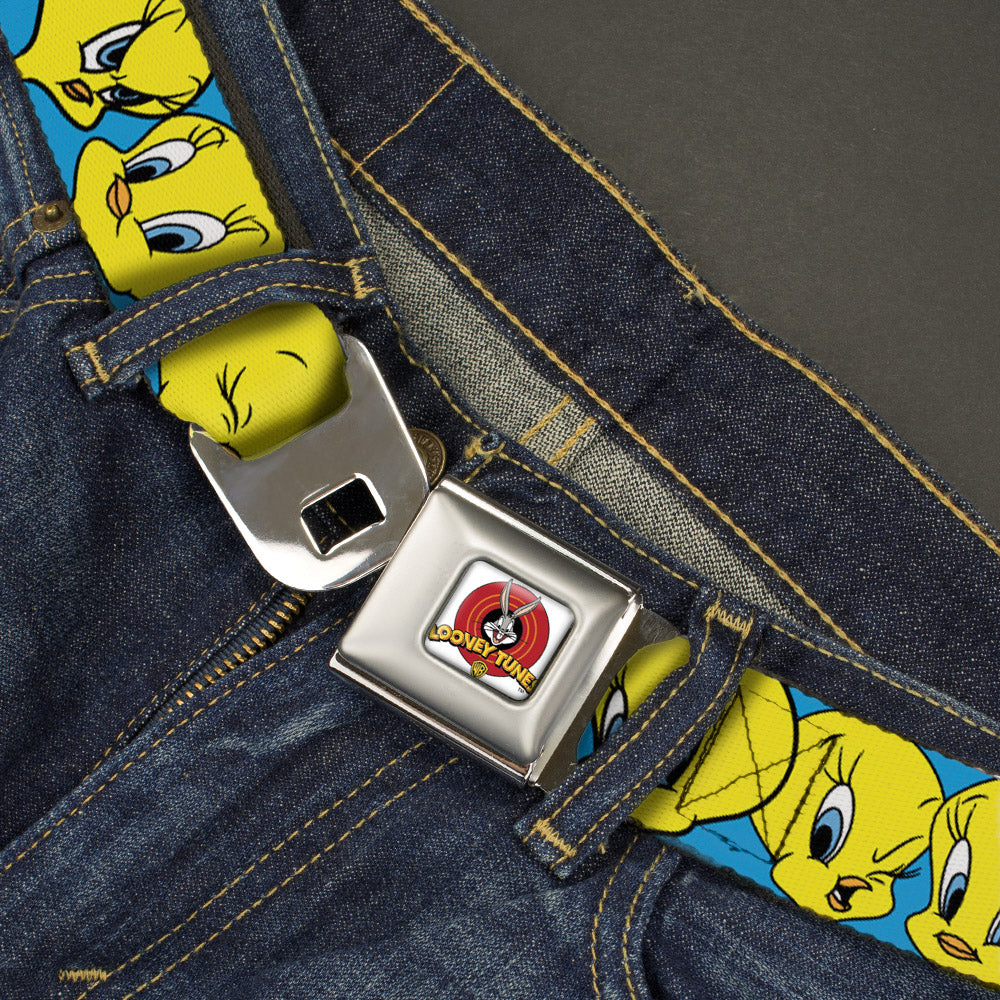 Looney Tunes Logo Full Color White Seatbelt Belt - Tweety Bird CLOSE-UP Expressions Baby Blue Webbing Seatbelt Belts Looney Tunes
