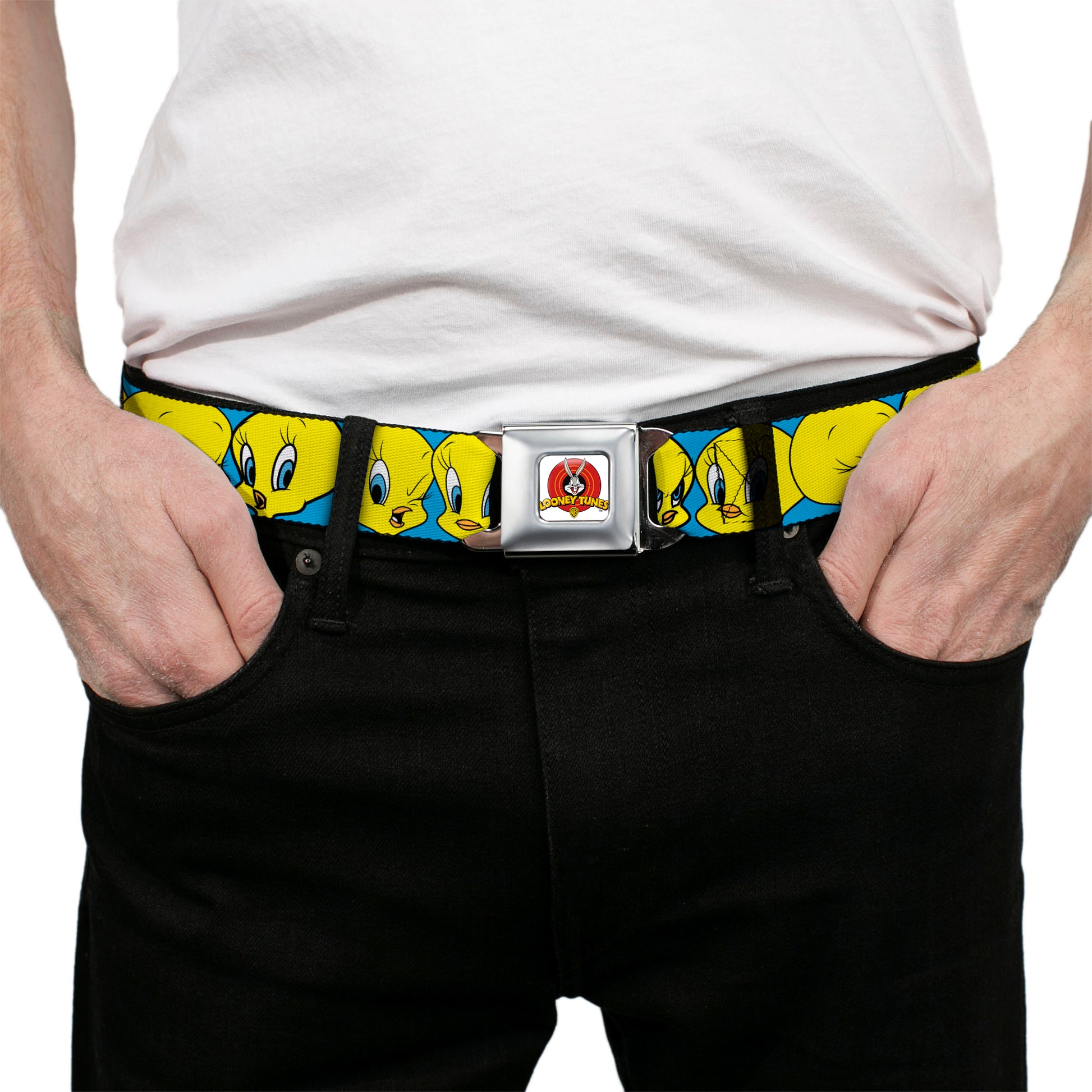 Looney Tunes Logo Full Color White Seatbelt Belt - Tweety Bird CLOSE-UP Expressions Baby Blue Webbing Seatbelt Belts Looney Tunes