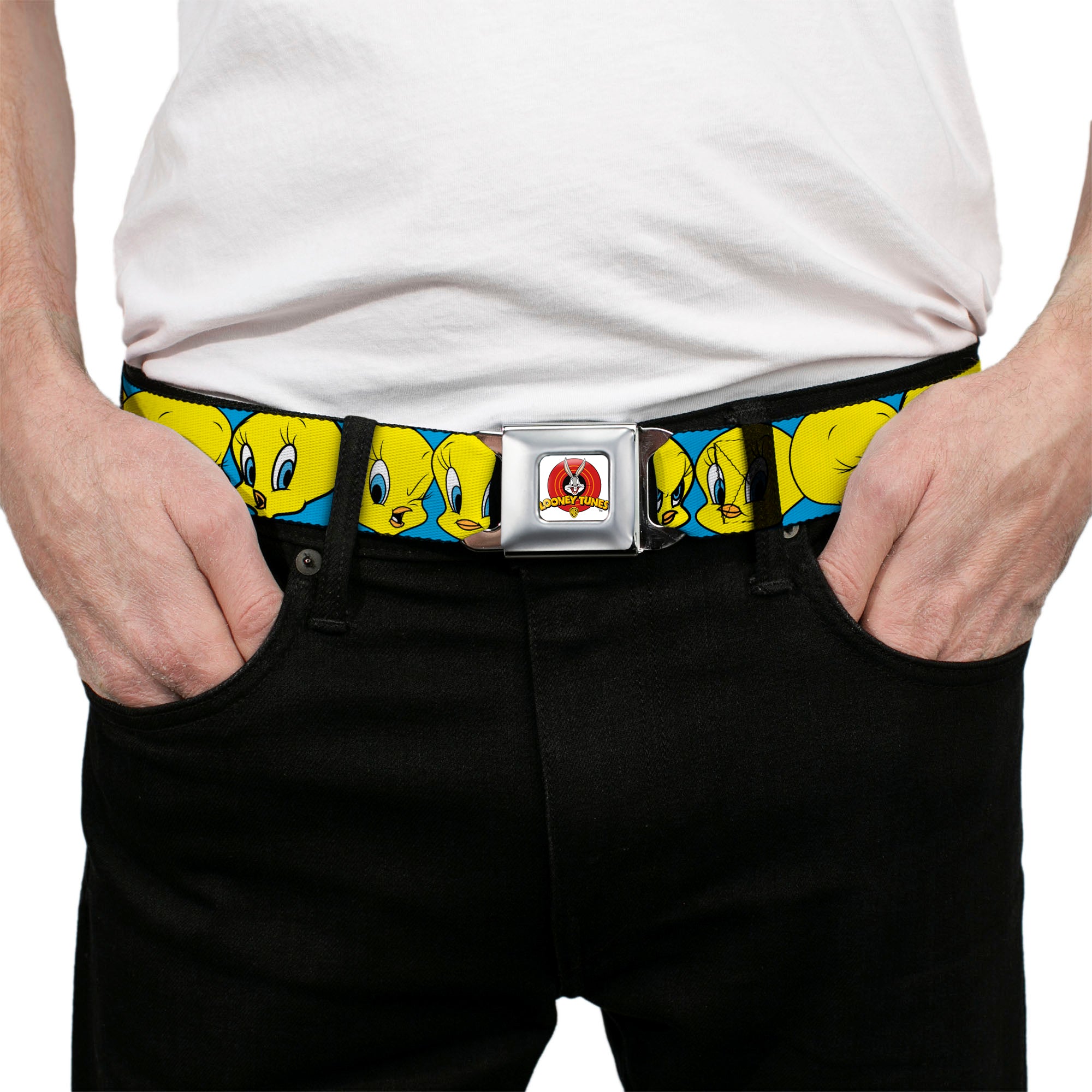 Looney Tunes Logo Full Color White Seatbelt Belt - Tweety Bird CLOSE-UP Expressions Baby Blue Webbing Seatbelt Belts Looney Tunes