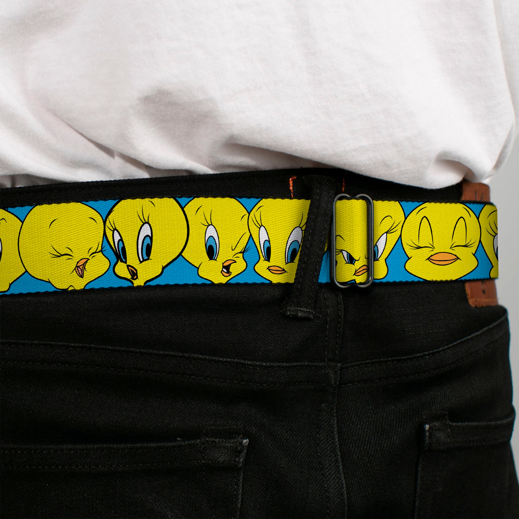 Looney Tunes Logo Full Color White Seatbelt Belt - Tweety Bird CLOSE-UP Expressions Baby Blue Webbing Seatbelt Belts Looney Tunes
