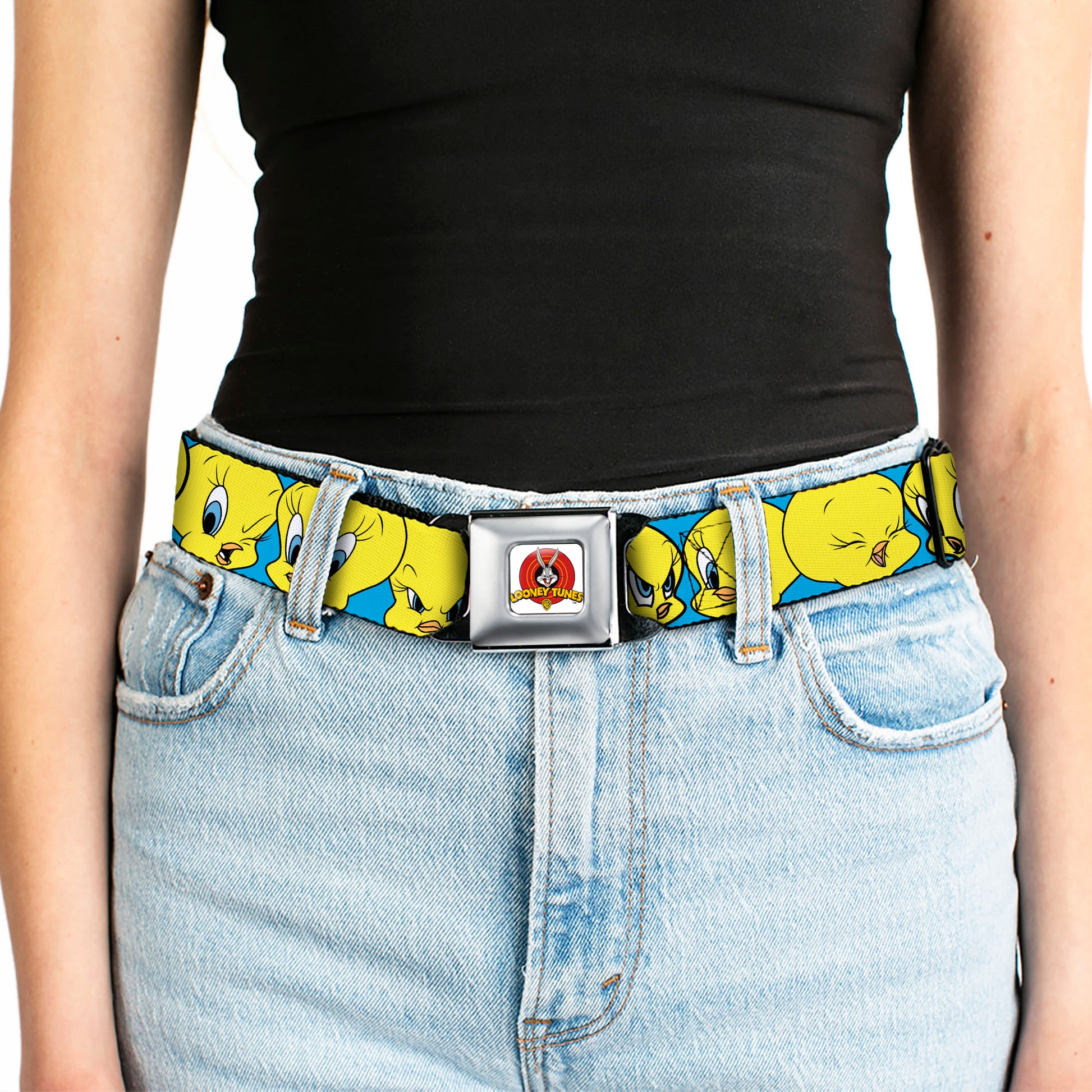 Looney Tunes Logo Full Color White Seatbelt Belt - Tweety Bird CLOSE-UP Expressions Baby Blue Webbing Seatbelt Belts Looney Tunes
