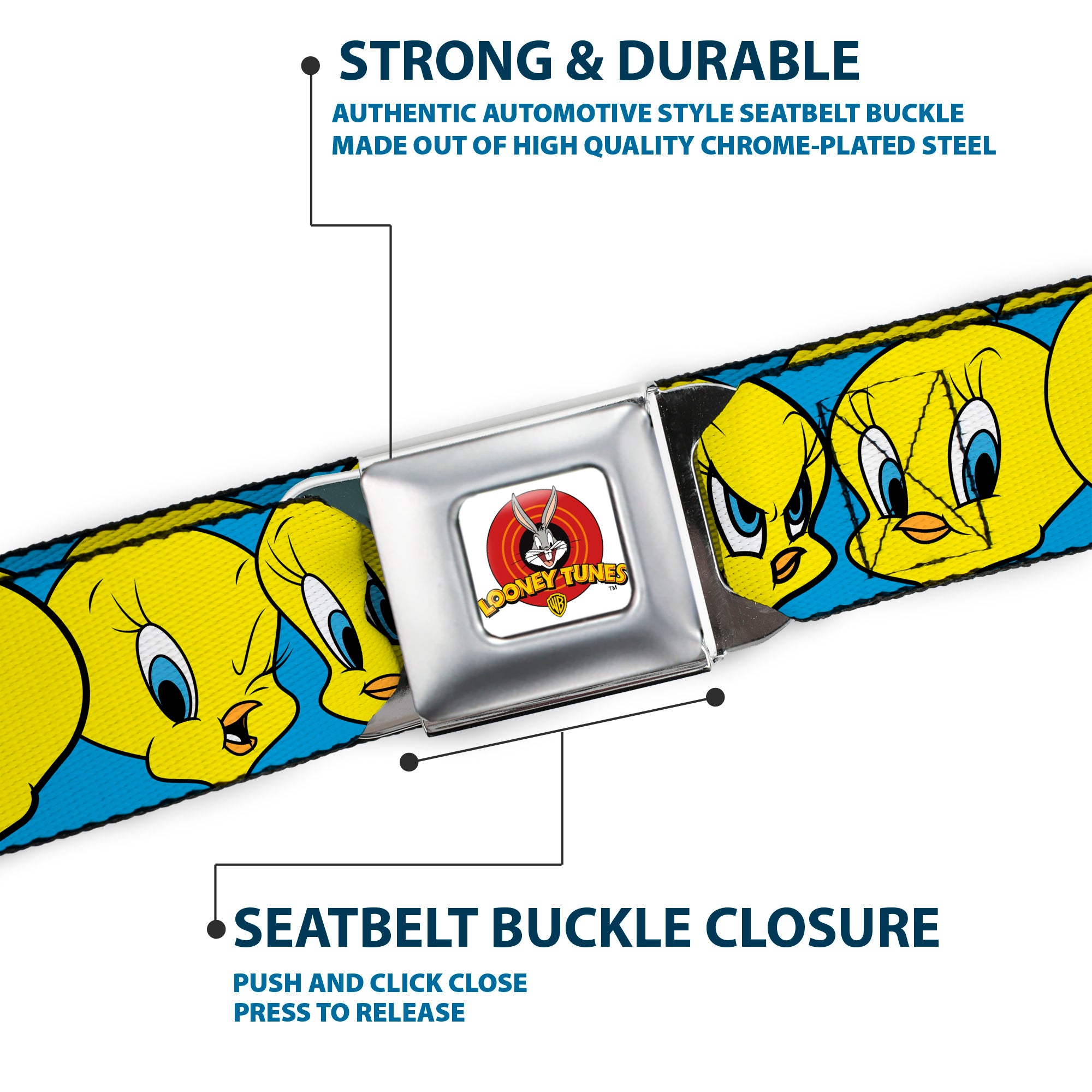 Looney Tunes Logo Full Color White Seatbelt Belt - Tweety Bird CLOSE-UP Expressions Baby Blue Webbing Seatbelt Belts Looney Tunes