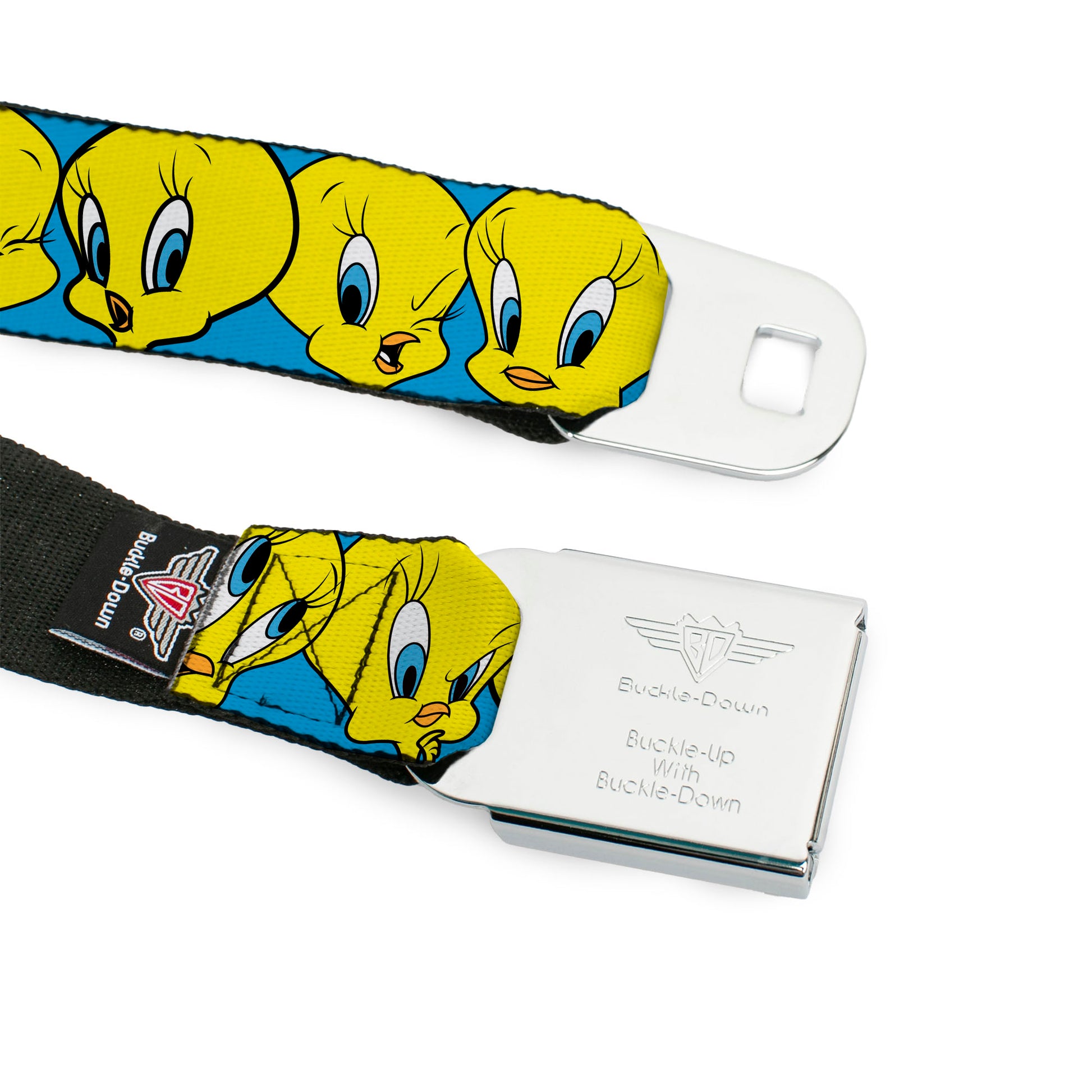 Looney Tunes Logo Full Color White Seatbelt Belt - Tweety Bird CLOSE-UP Expressions Baby Blue Webbing Seatbelt Belts Looney Tunes