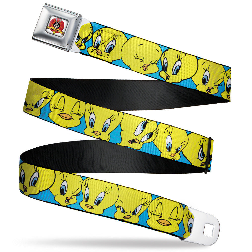 Looney Tunes Logo Full Color White Seatbelt Belt - Tweety Bird CLOSE-UP Expressions Baby Blue Webbing Seatbelt Belts Looney Tunes