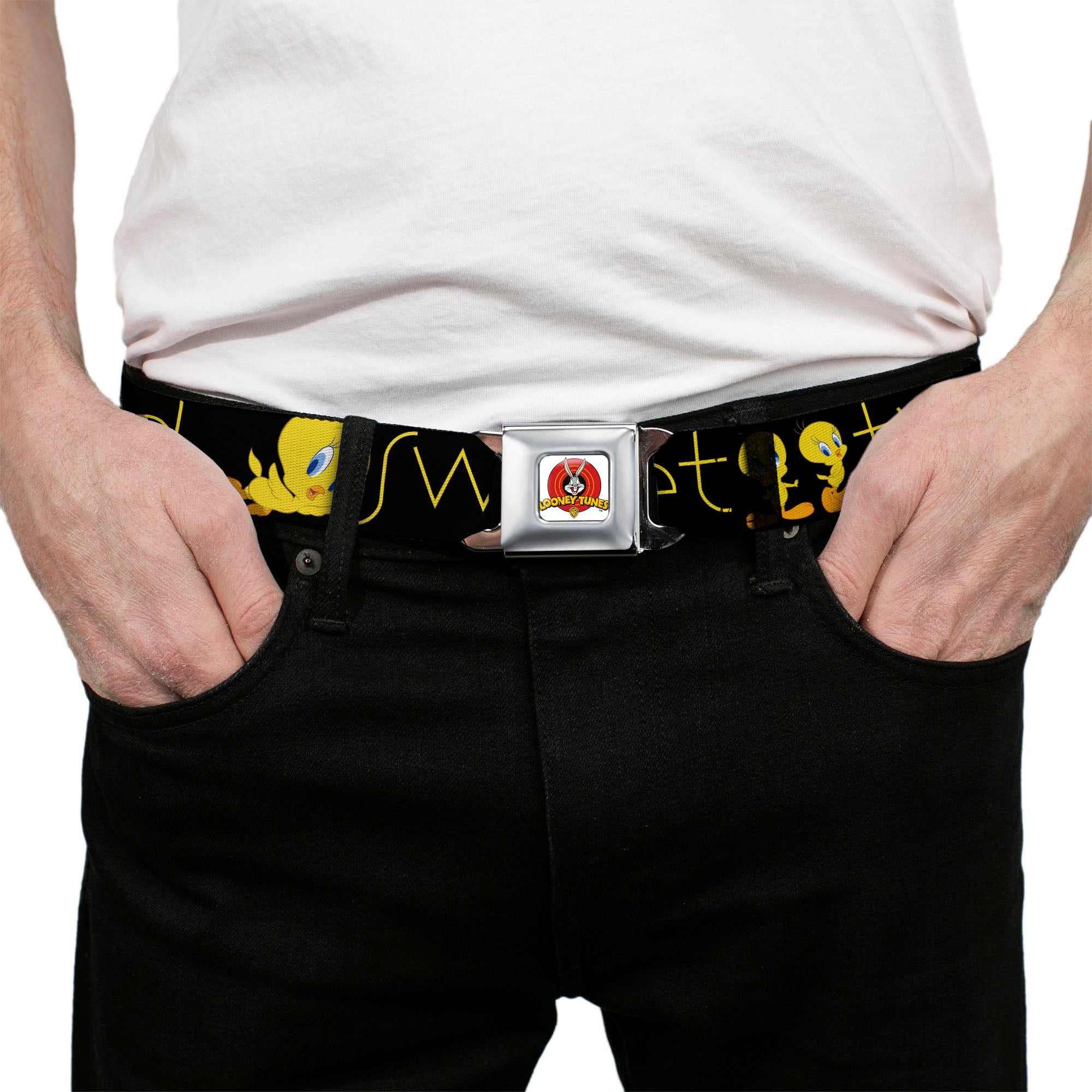Looney Tunes Logo Full Color White Seatbelt Belt - Tweety Bird Poses CUTE AND SWEET Black/Yellow Webbing Seatbelt Belts Looney Tunes