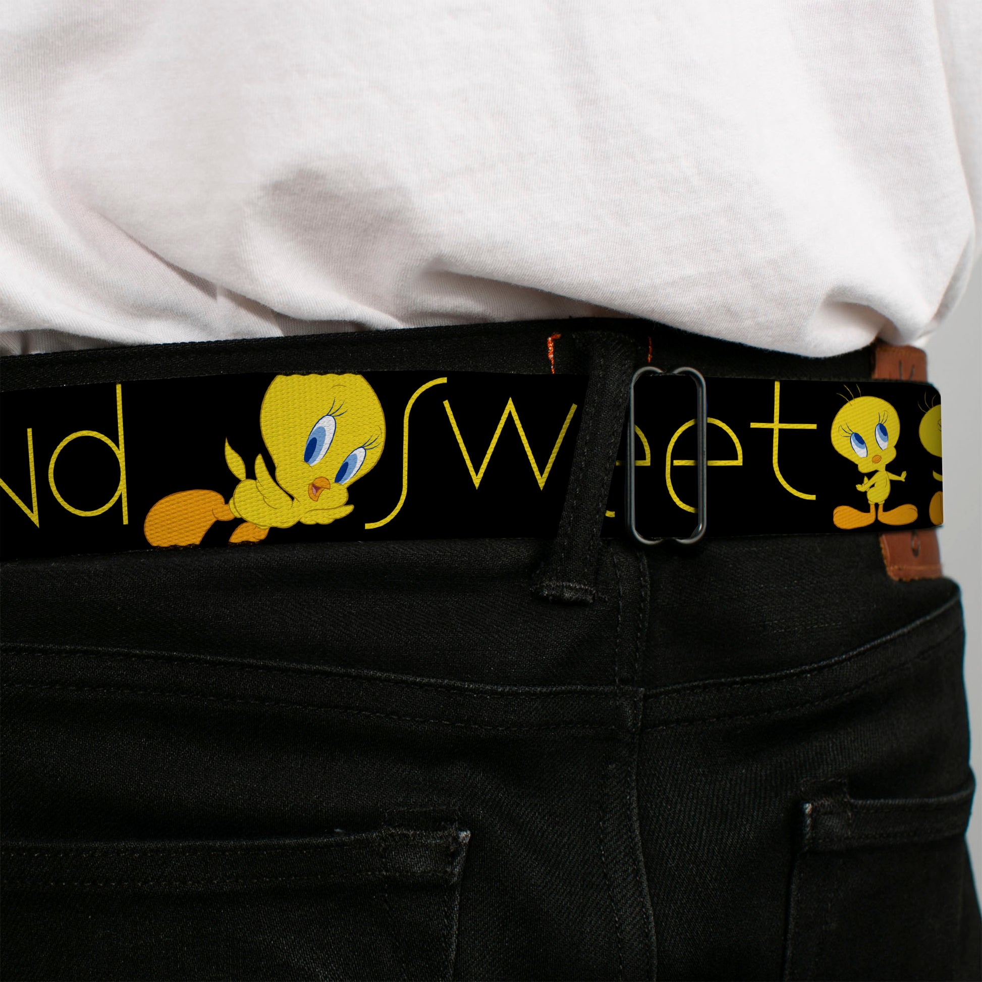 Looney Tunes Logo Full Color White Seatbelt Belt - Tweety Bird Poses CUTE AND SWEET Black/Yellow Webbing Seatbelt Belts Looney Tunes