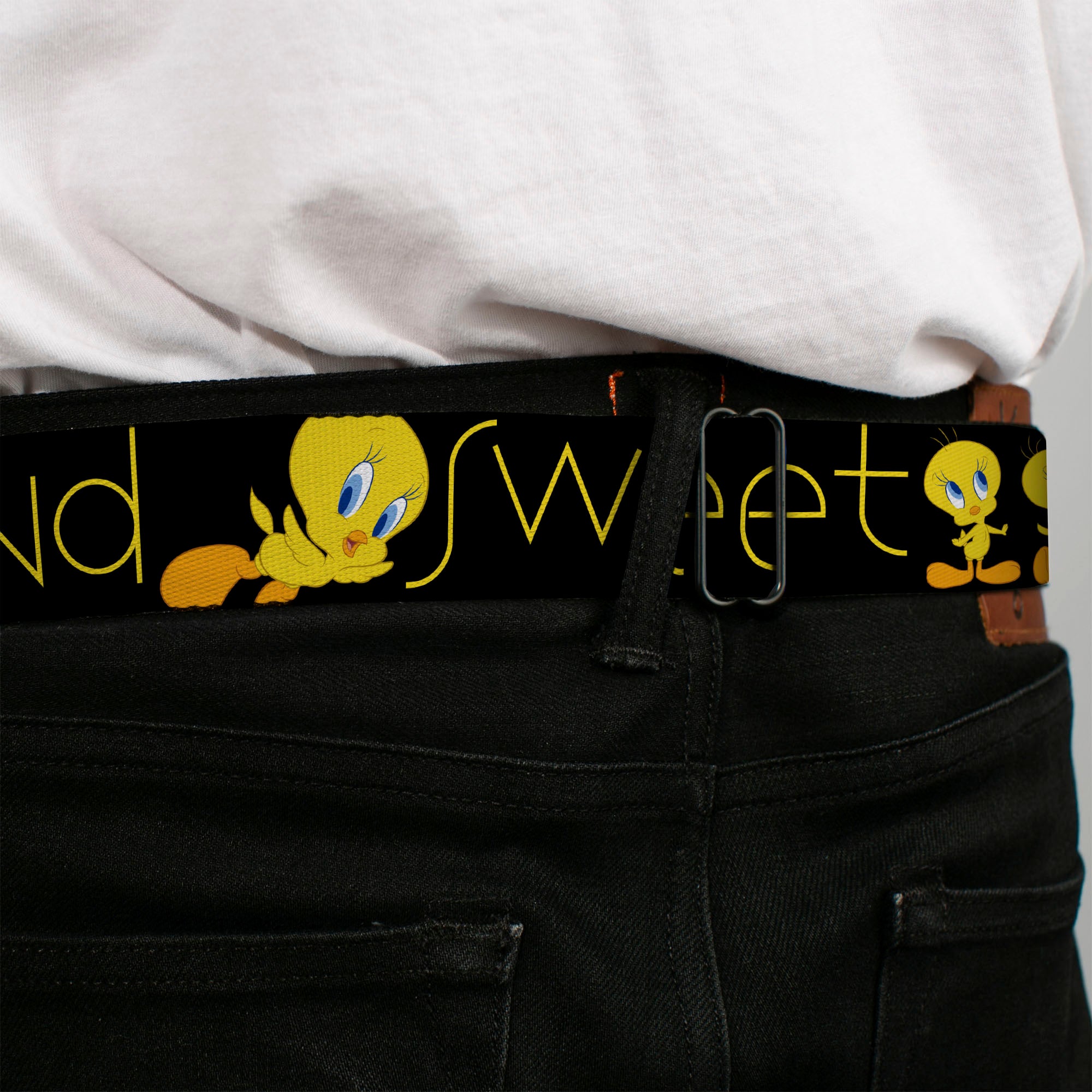 Looney Tunes Logo Full Color White Seatbelt Belt - Tweety Bird Poses CUTE AND SWEET Black/Yellow Webbing Seatbelt Belts Looney Tunes