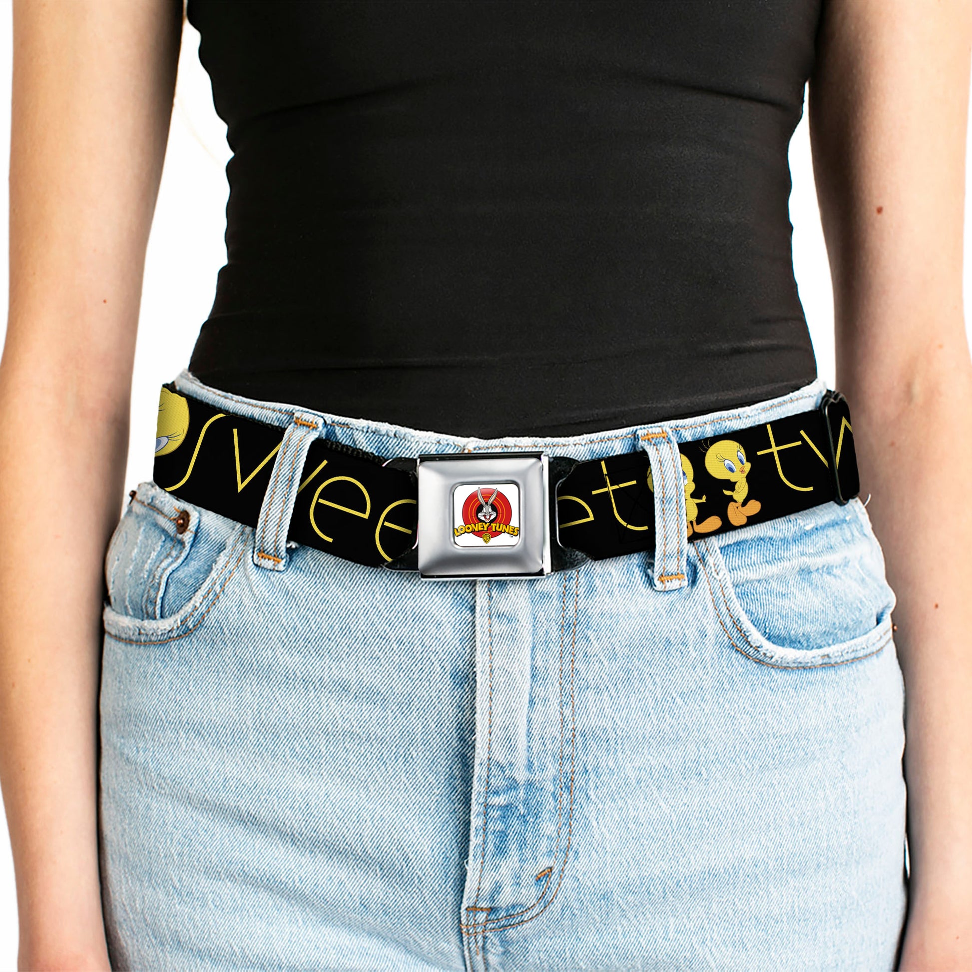 Looney Tunes Logo Full Color White Seatbelt Belt - Tweety Bird Poses CUTE AND SWEET Black/Yellow Webbing Seatbelt Belts Looney Tunes