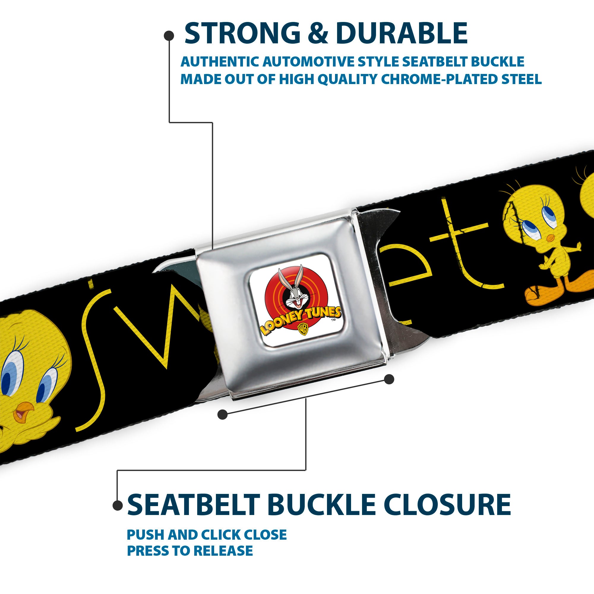Looney Tunes Logo Full Color White Seatbelt Belt - Tweety Bird Poses CUTE AND SWEET Black/Yellow Webbing Seatbelt Belts Looney Tunes