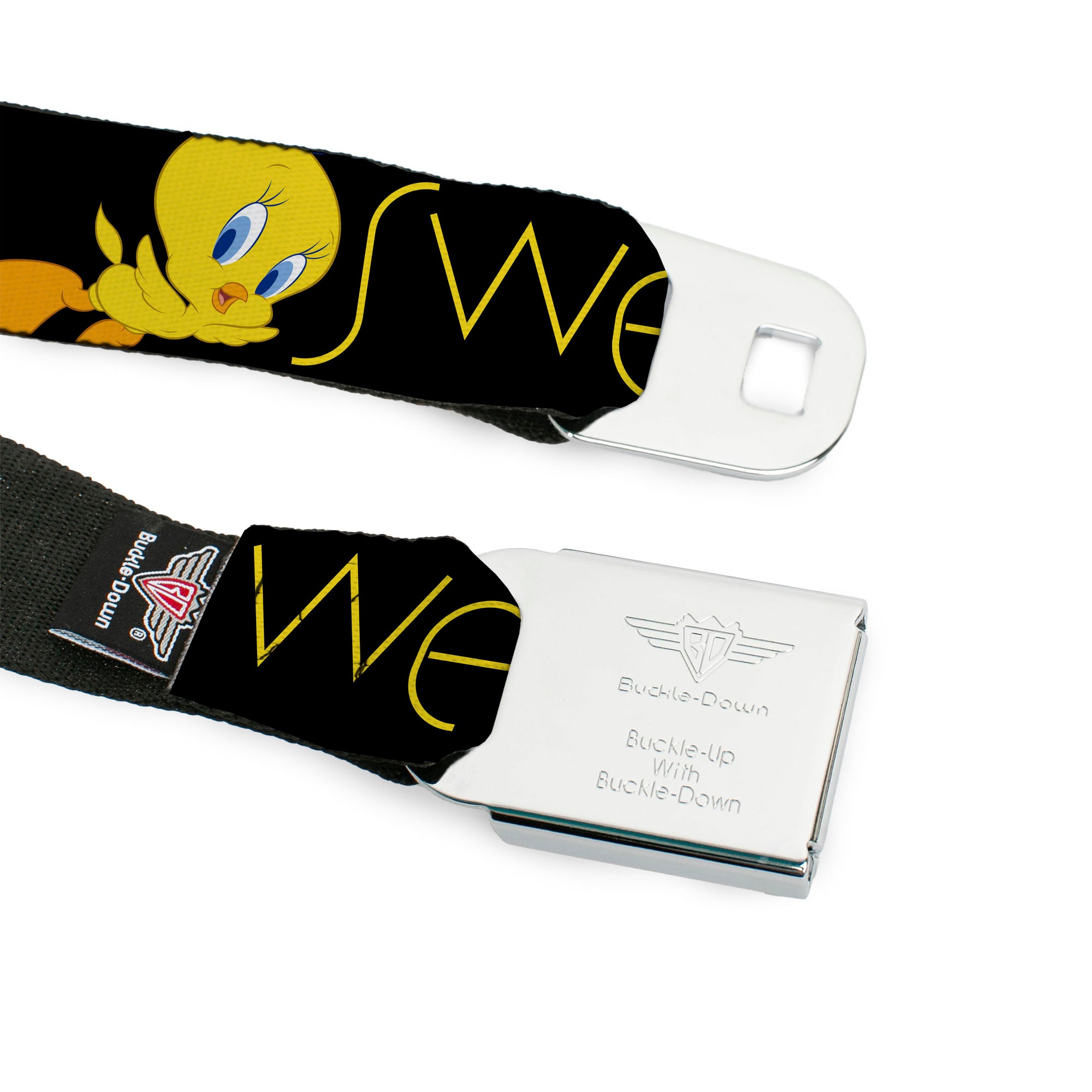 Looney Tunes Logo Full Color White Seatbelt Belt - Tweety Bird Poses CUTE AND SWEET Black/Yellow Webbing Seatbelt Belts Looney Tunes