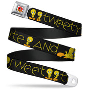 Looney Tunes Logo Full Color White Seatbelt Belt - Tweety Bird Poses CUTE AND SWEET Black/Yellow Webbing Seatbelt Belts Looney Tunes
