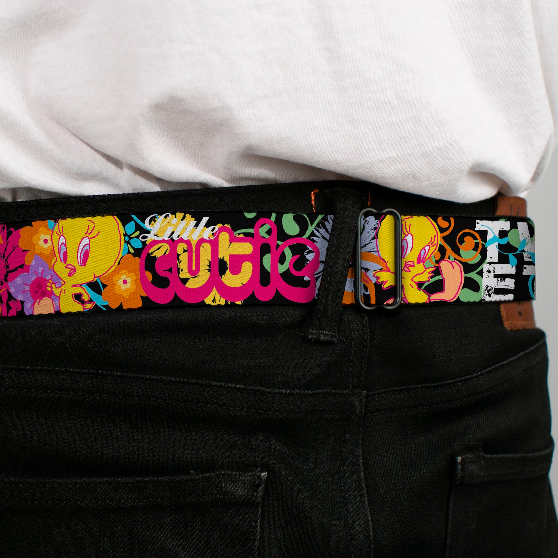 Looney Tunes Logo Full Color White Seatbelt Belt - Tweety Bird Poses LITTLE CUTIE-LOVEABLE Black/Multi Color Webbing Seatbelt Belts Looney Tunes