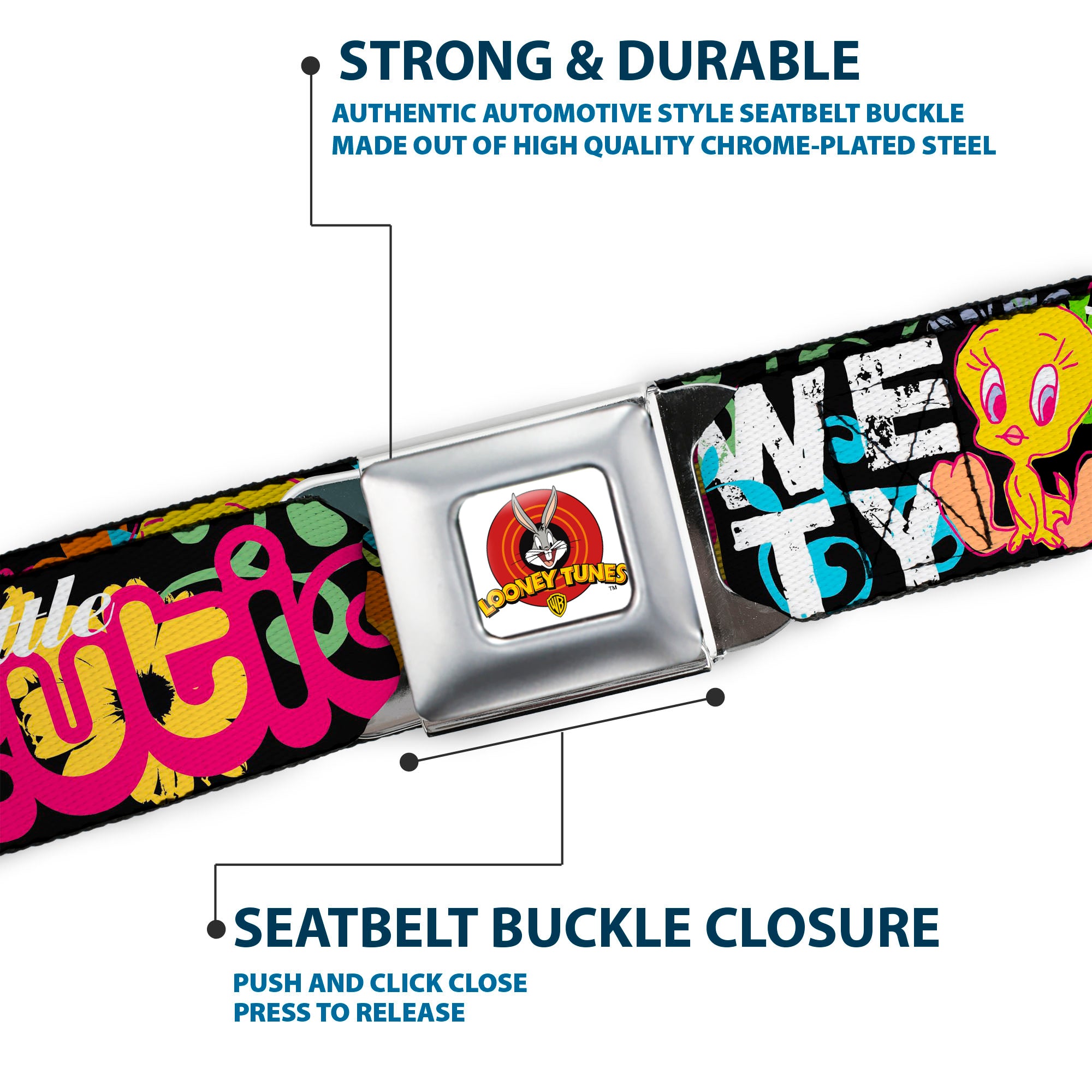 Looney Tunes Logo Full Color White Seatbelt Belt - Tweety Bird Poses LITTLE CUTIE-LOVEABLE Black/Multi Color Webbing Seatbelt Belts Looney Tunes