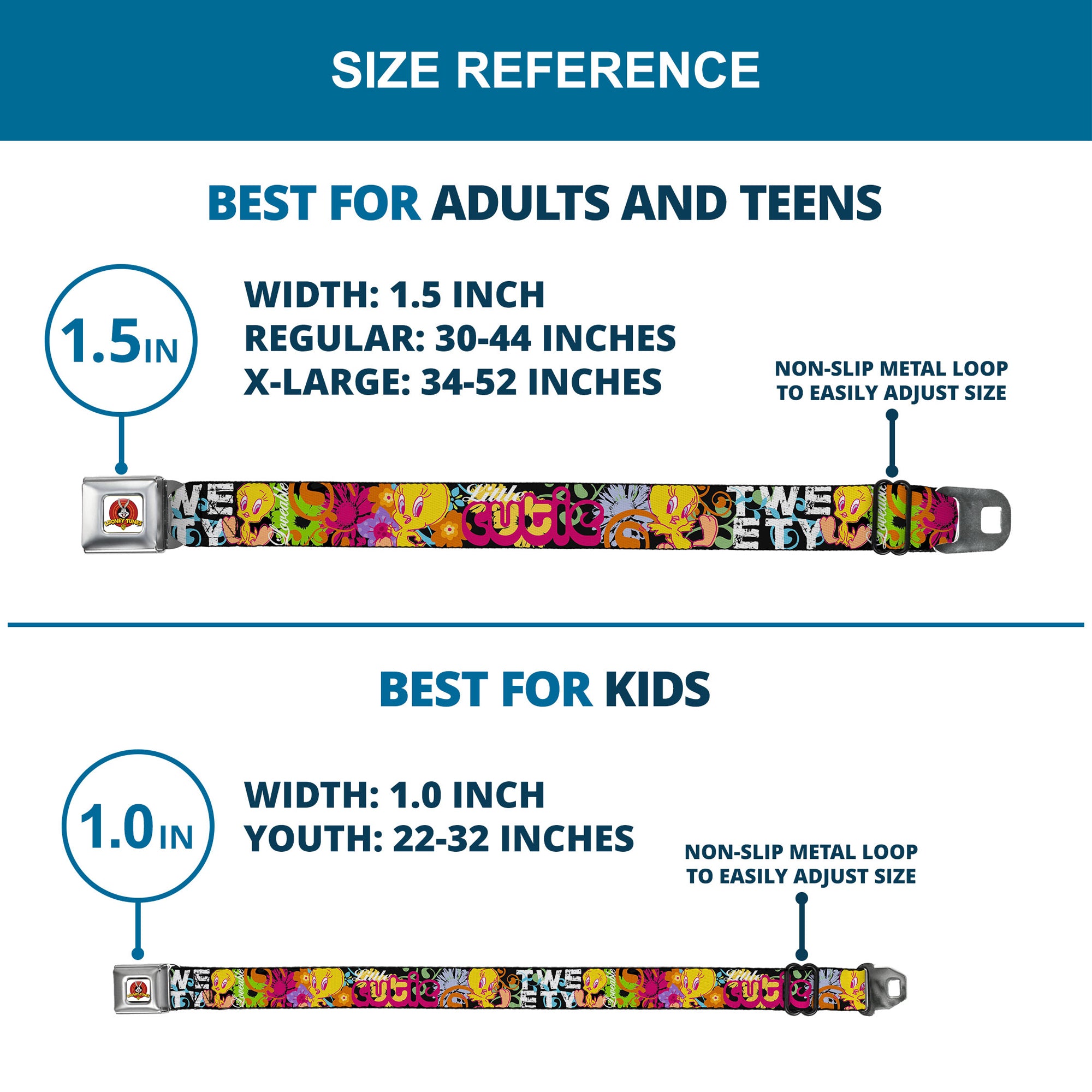 Looney Tunes Logo Full Color White Seatbelt Belt - Tweety Bird Poses LITTLE CUTIE-LOVEABLE Black/Multi Color Webbing Seatbelt Belts Looney Tunes