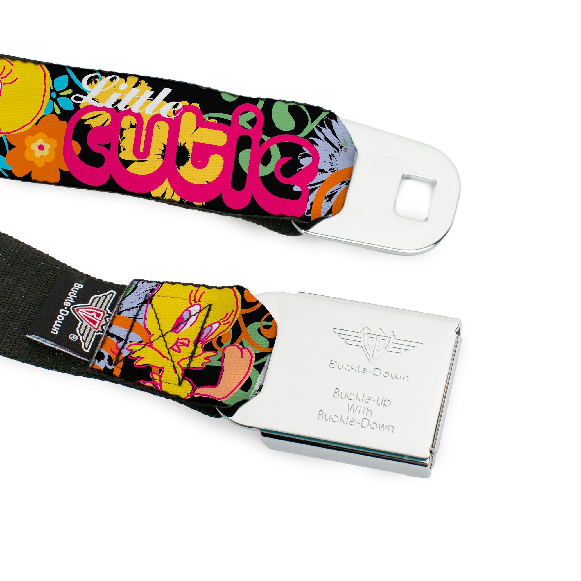 Looney Tunes Logo Full Color White Seatbelt Belt - Tweety Bird Poses LITTLE CUTIE-LOVEABLE Black/Multi Color Webbing Seatbelt Belts Looney Tunes