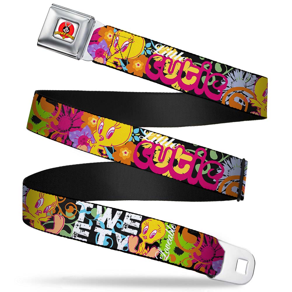 Looney Tunes Logo Full Color White Seatbelt Belt - Tweety Bird Poses LITTLE CUTIE-LOVEABLE Black/Multi Color Webbing Seatbelt Belts Looney Tunes