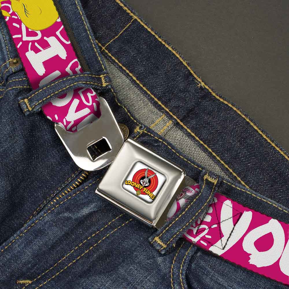 Looney Tunes Logo Full Color White Seatbelt Belt - Tweety Bird I LOVE YOU Fuchsia/White Webbing Seatbelt Belts Looney Tunes