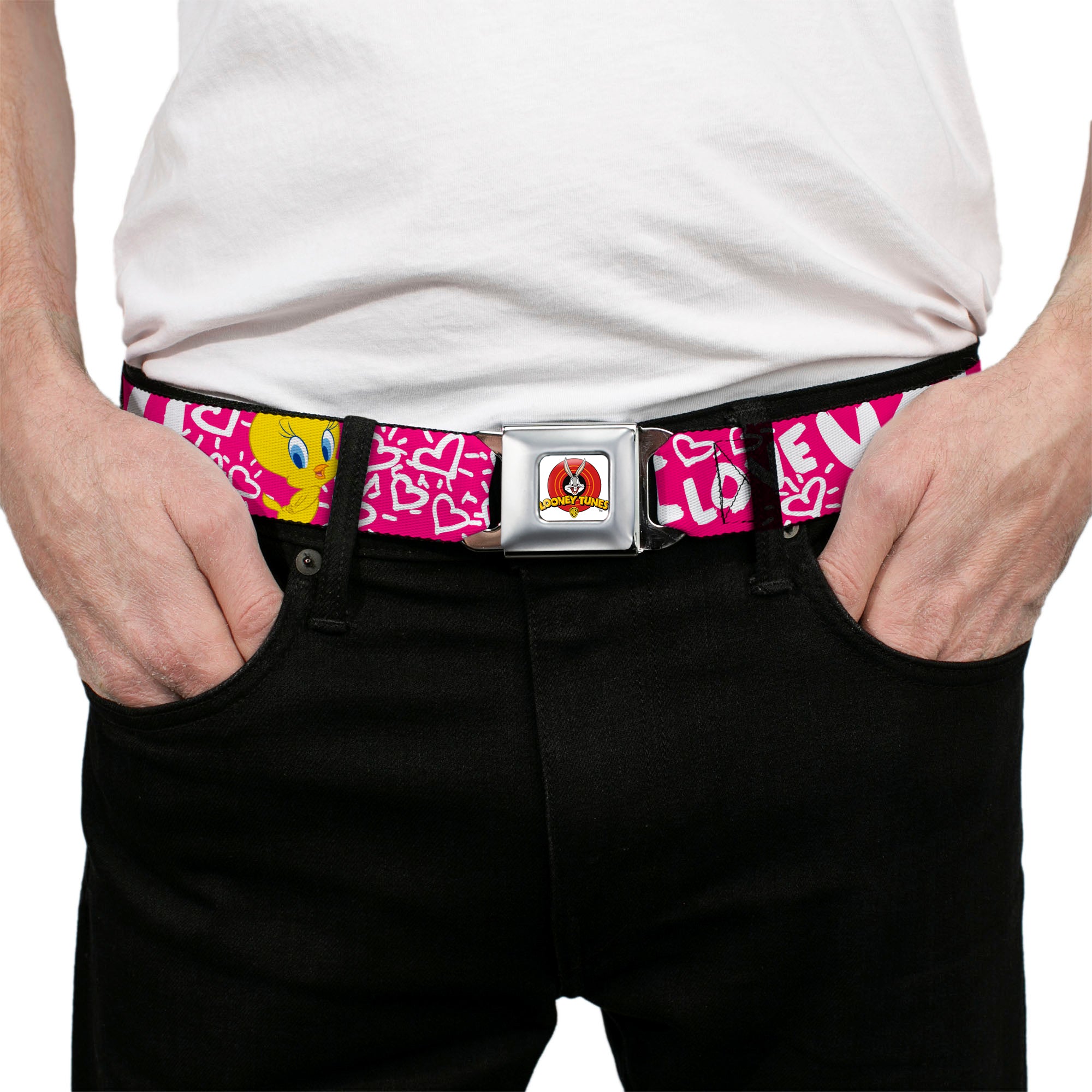 Looney Tunes Logo Full Color White Seatbelt Belt - Tweety Bird I LOVE YOU Fuchsia/White Webbing Seatbelt Belts Looney Tunes