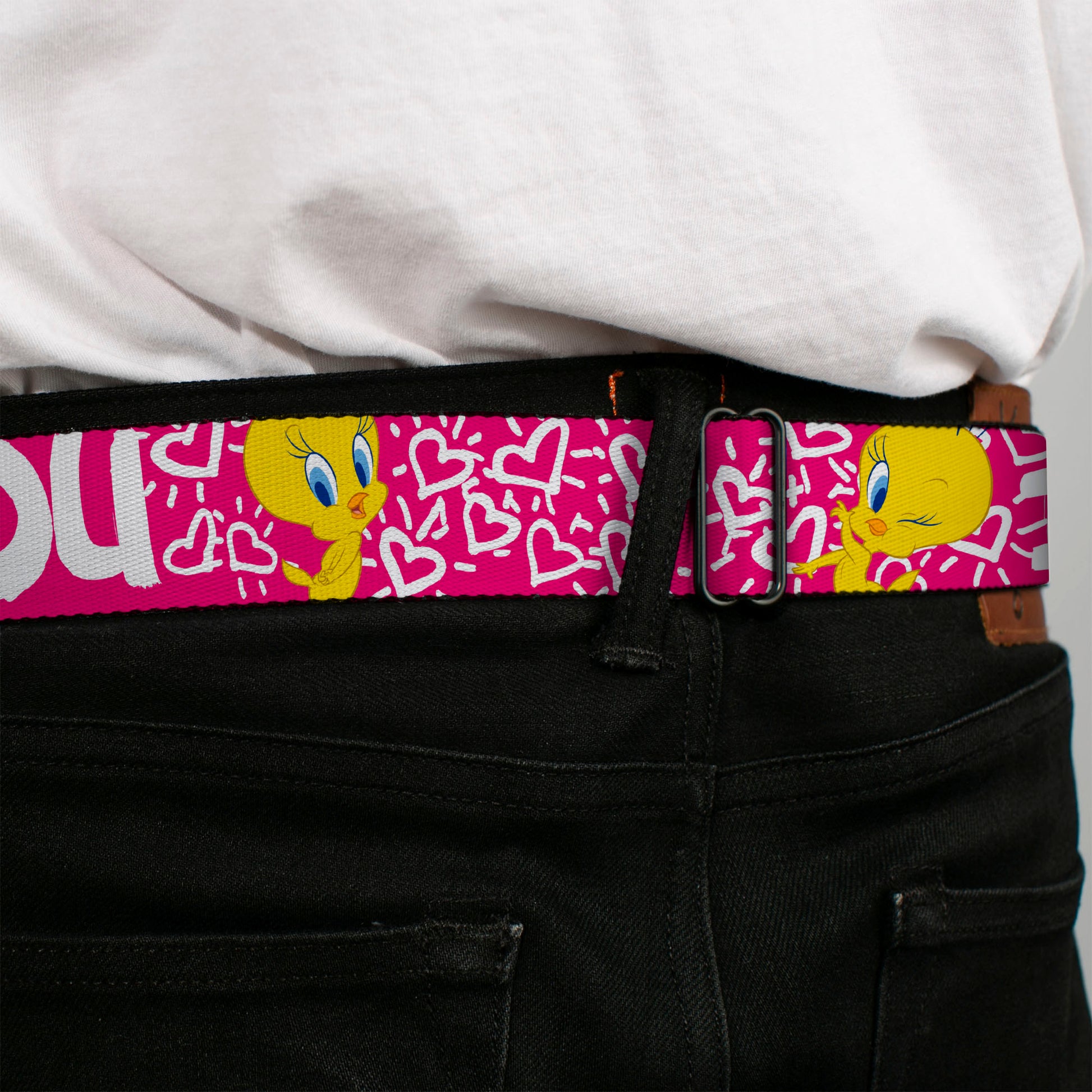 Looney Tunes Logo Full Color White Seatbelt Belt - Tweety Bird I LOVE YOU Fuchsia/White Webbing Seatbelt Belts Looney Tunes