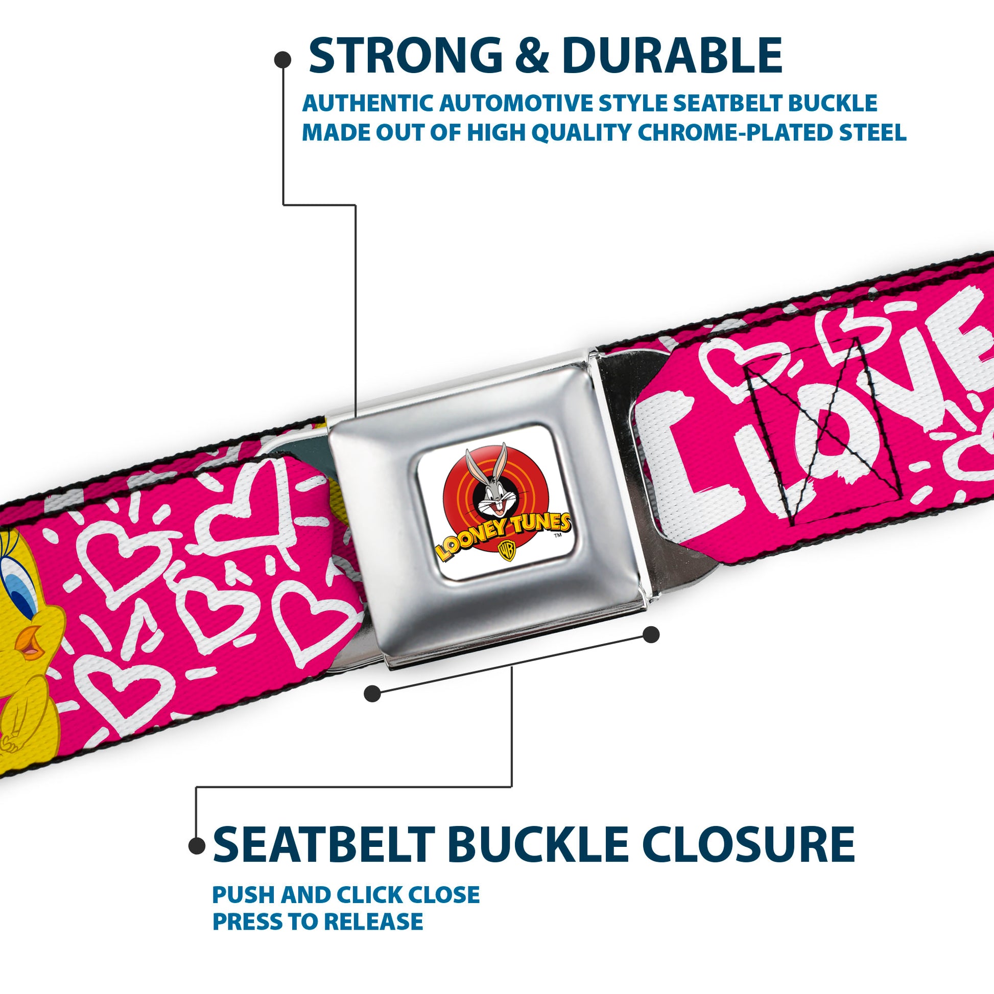 Looney Tunes Logo Full Color White Seatbelt Belt - Tweety Bird I LOVE YOU Fuchsia/White Webbing Seatbelt Belts Looney Tunes