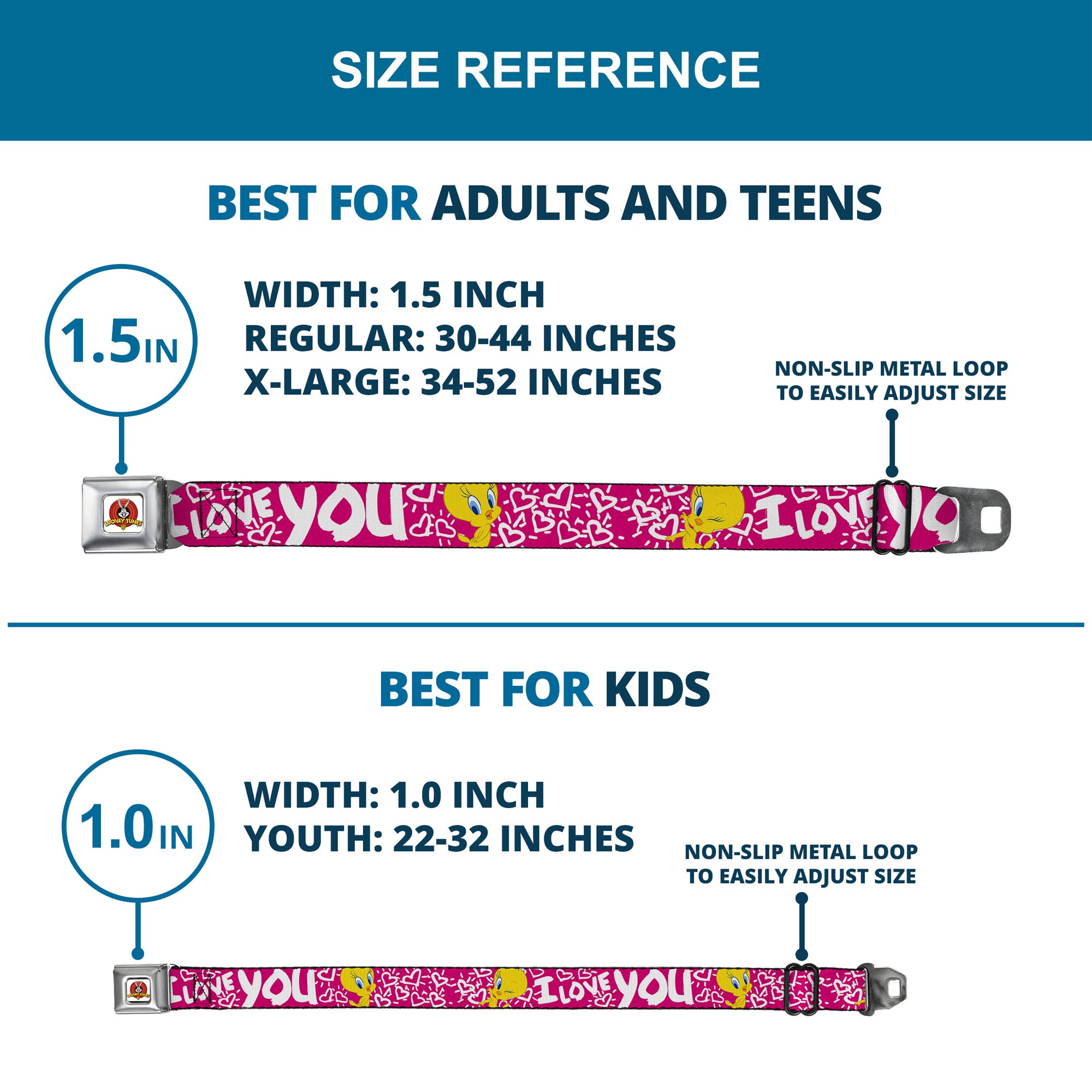 Looney Tunes Logo Full Color White Seatbelt Belt - Tweety Bird I LOVE YOU Fuchsia/White Webbing Seatbelt Belts Looney Tunes