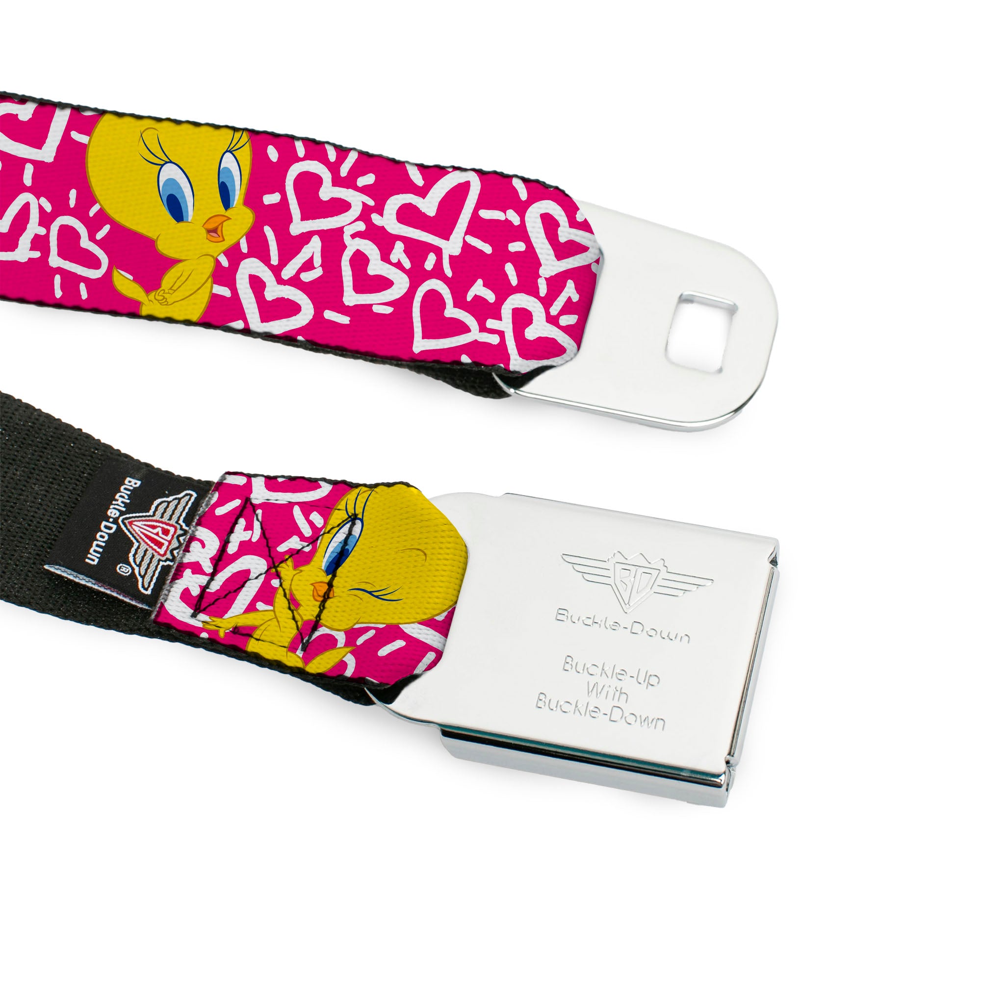 Looney Tunes Logo Full Color White Seatbelt Belt - Tweety Bird I LOVE YOU Fuchsia/White Webbing Seatbelt Belts Looney Tunes