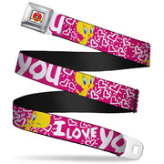 Looney Tunes Logo Full Color White Seatbelt Belt - Tweety Bird I LOVE YOU Fuchsia/White Webbing Seatbelt Belts Looney Tunes