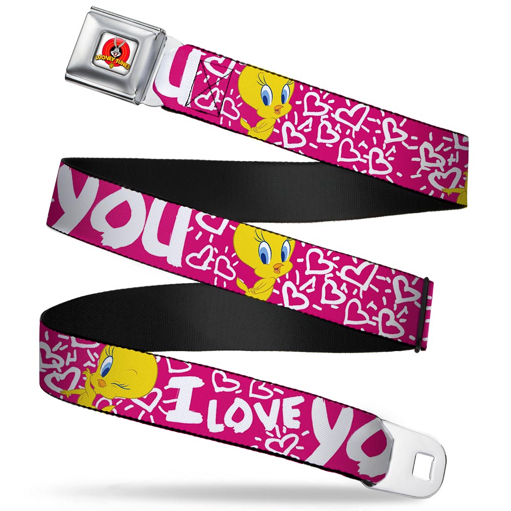 Looney Tunes Logo Full Color White Seatbelt Belt - Tweety Bird I LOVE YOU Fuchsia/White Webbing Seatbelt Belts Looney Tunes