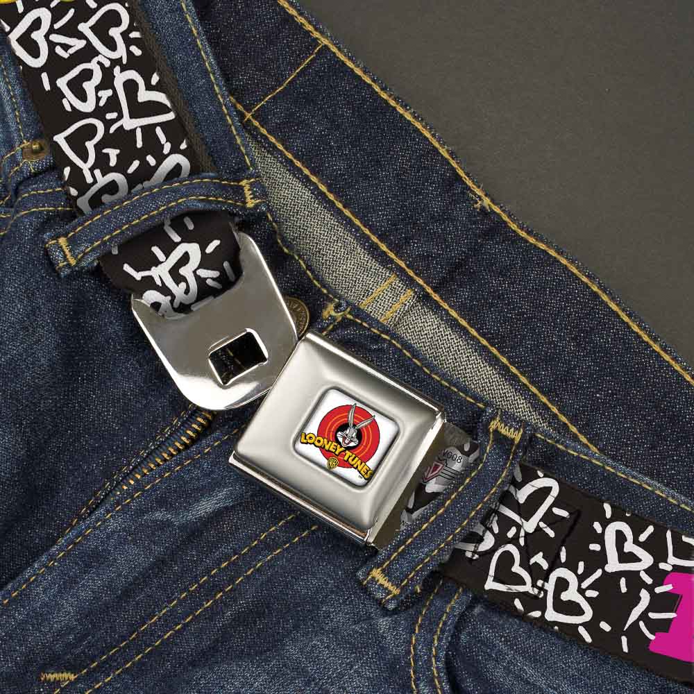 Looney Tunes Logo Full Color White Seatbelt Belt - Tweety Bird I LOVE YOU Black/White/Pink Webbing Seatbelt Belts Looney Tunes