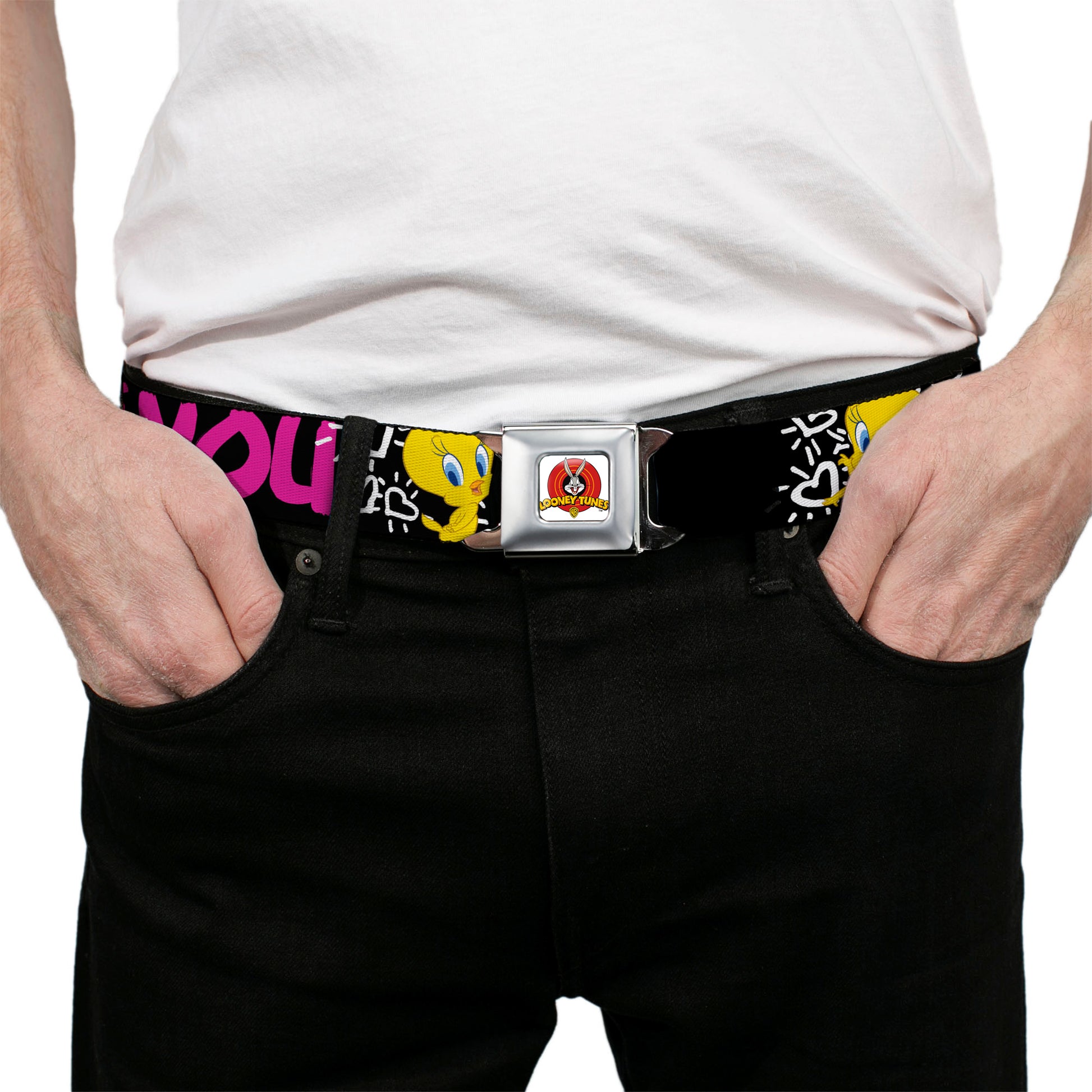 Looney Tunes Logo Full Color White Seatbelt Belt - Tweety Bird I LOVE YOU Black/White/Pink Webbing Seatbelt Belts Looney Tunes