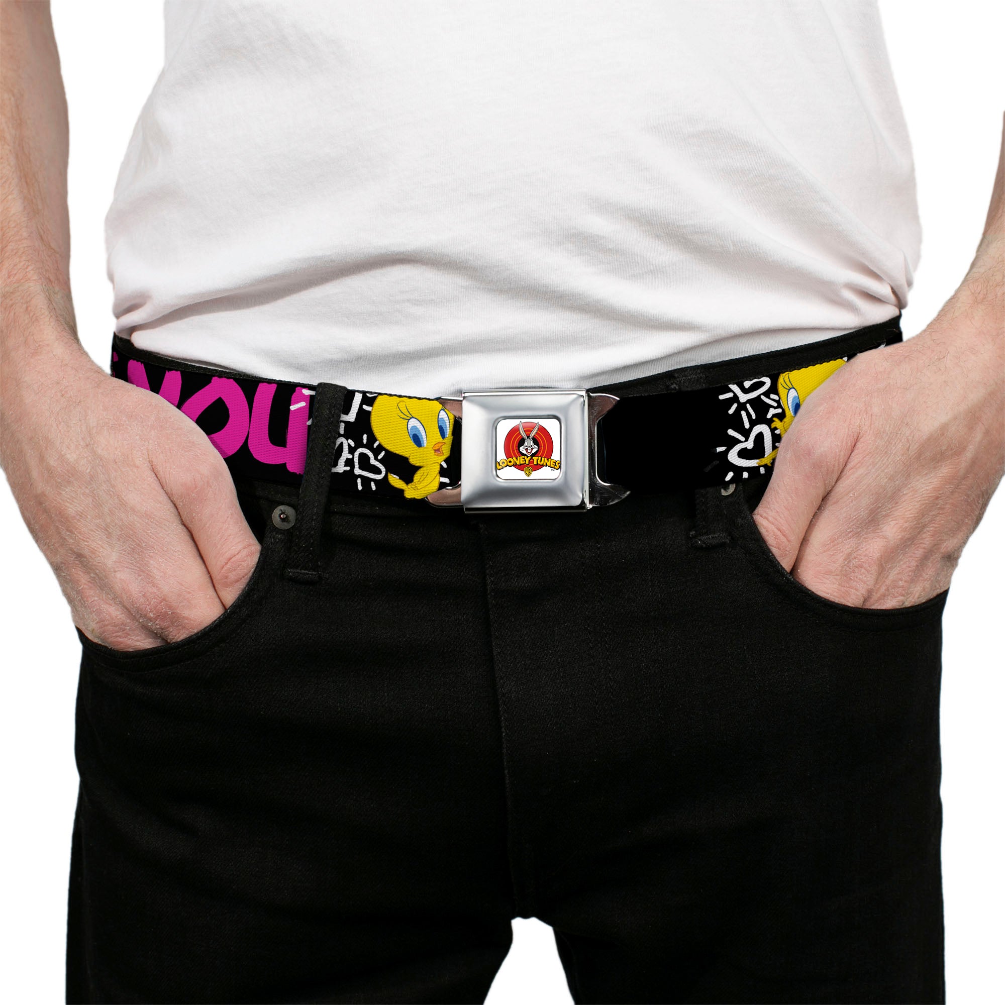 Looney Tunes Logo Full Color White Seatbelt Belt - Tweety Bird I LOVE YOU Black/White/Pink Webbing Seatbelt Belts Looney Tunes