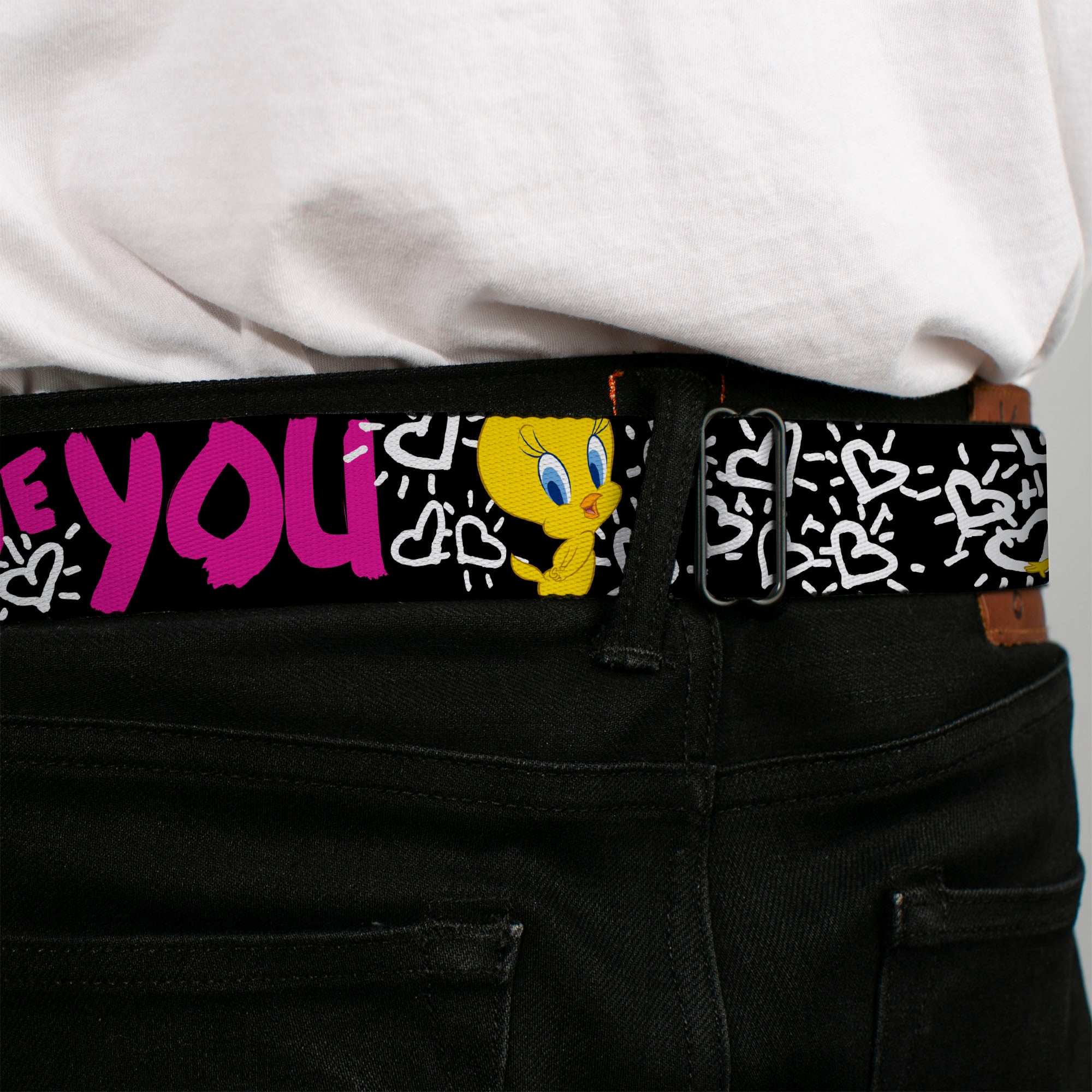 Looney Tunes Logo Full Color White Seatbelt Belt - Tweety Bird I LOVE YOU Black/White/Pink Webbing Seatbelt Belts Looney Tunes