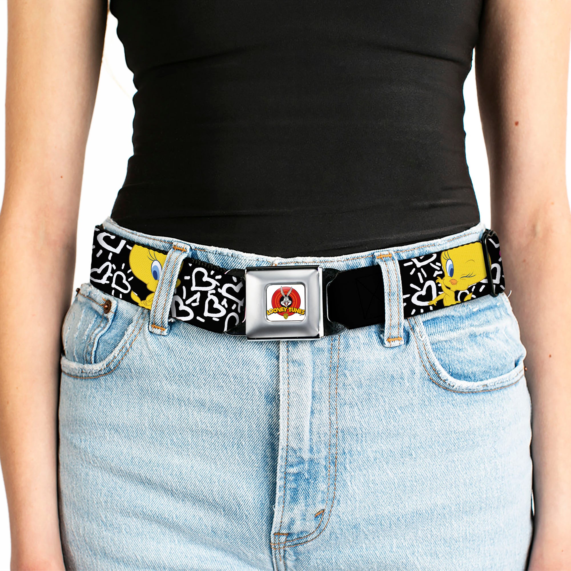 Looney Tunes Logo Full Color White Seatbelt Belt - Tweety Bird I LOVE YOU Black/White/Pink Webbing Seatbelt Belts Looney Tunes