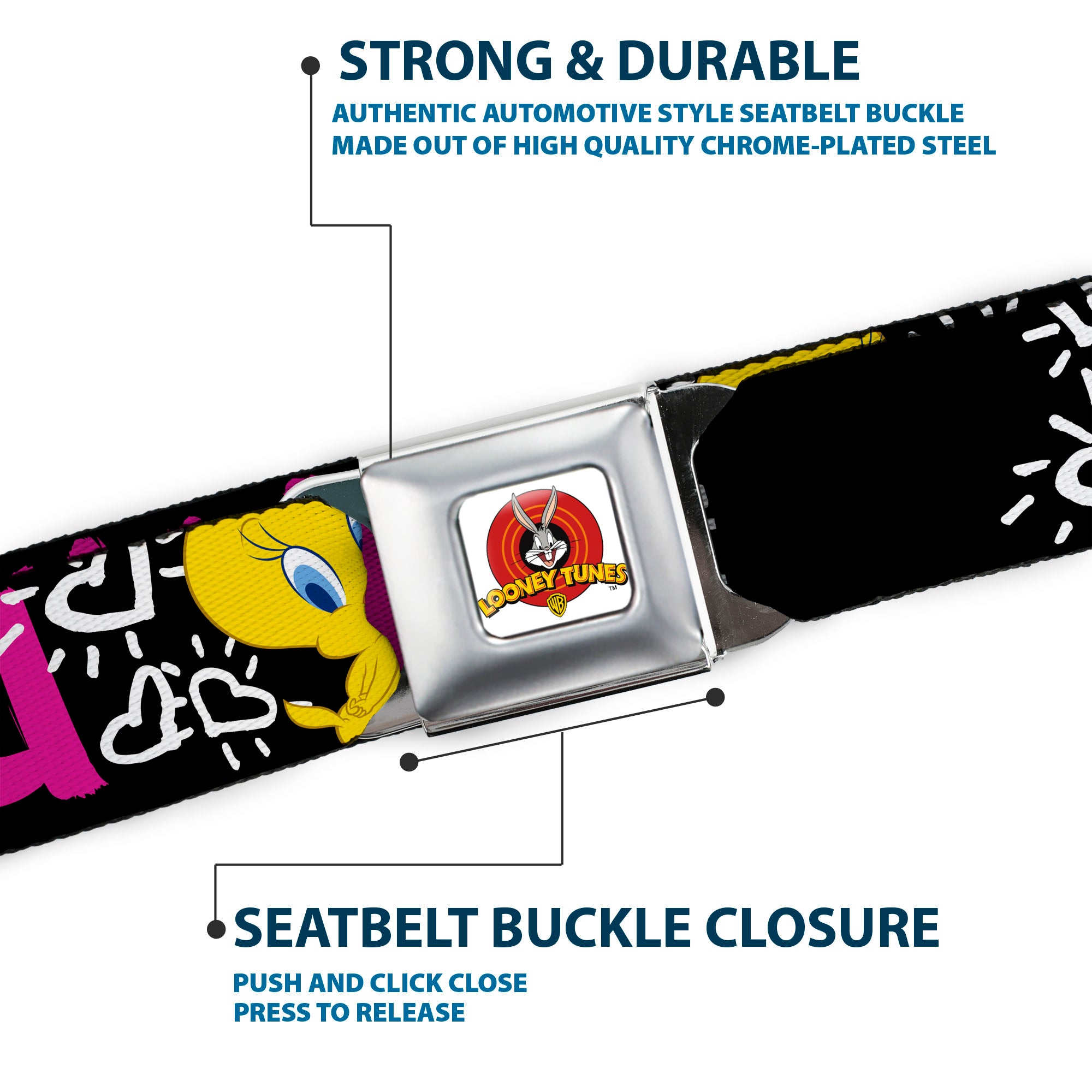 Looney Tunes Logo Full Color White Seatbelt Belt - Tweety Bird I LOVE YOU Black/White/Pink Webbing Seatbelt Belts Looney Tunes
