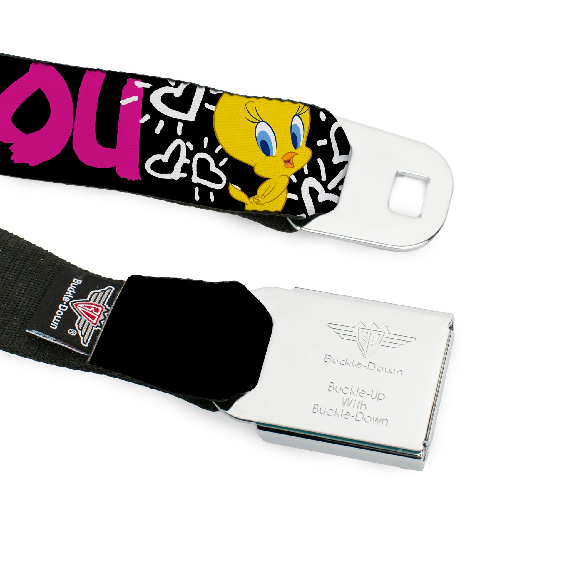 Looney Tunes Logo Full Color White Seatbelt Belt - Tweety Bird I LOVE YOU Black/White/Pink Webbing Seatbelt Belts Looney Tunes