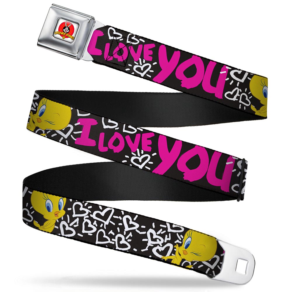 Looney Tunes Logo Full Color White Seatbelt Belt - Tweety Bird I LOVE YOU Black/White/Pink Webbing Seatbelt Belts Looney Tunes