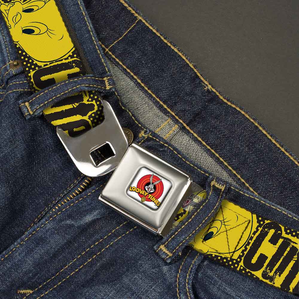 Looney Tunes Logo Full Color White Seatbelt Belt - Tweety Bird Poses CUTE LITTLE YELLOW BIRD Yellow/Black Webbing Seatbelt Belts Looney Tunes