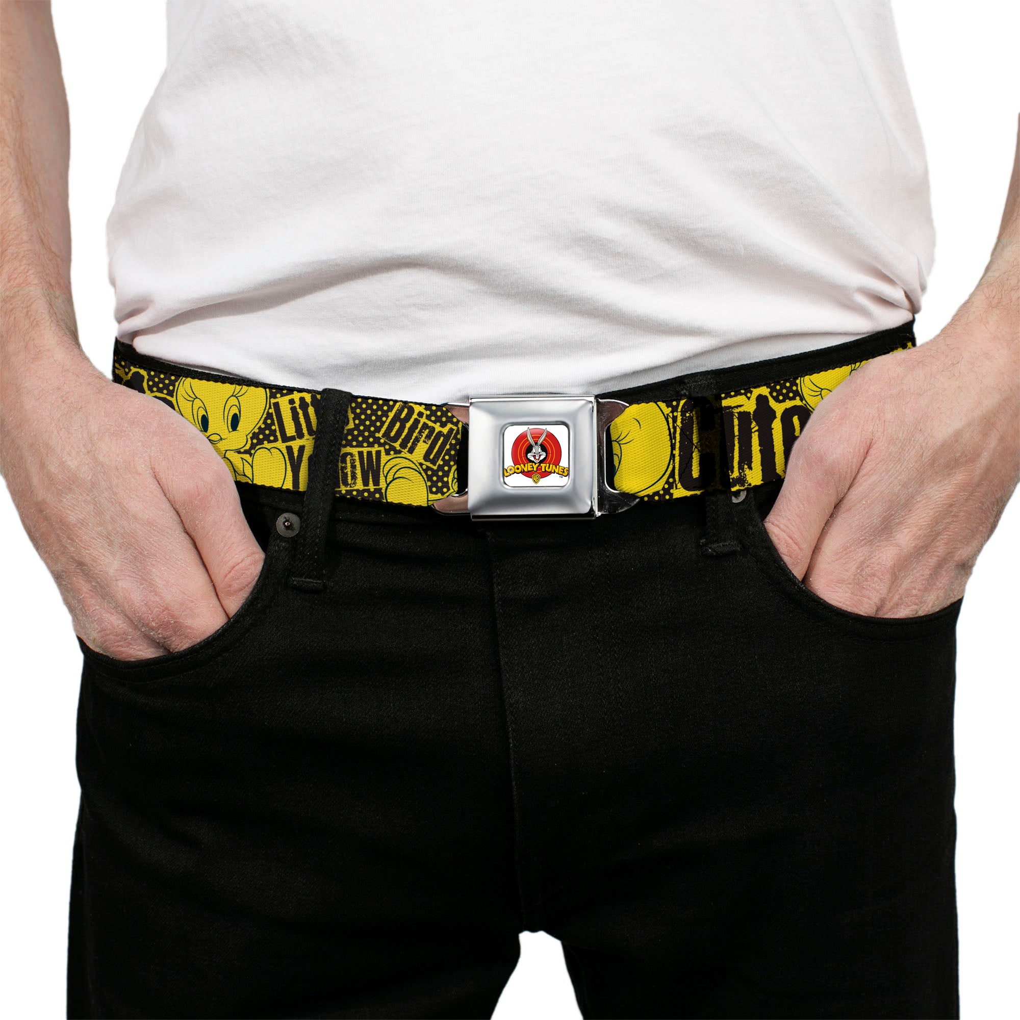Looney Tunes Logo Full Color White Seatbelt Belt - Tweety Bird Poses CUTE LITTLE YELLOW BIRD Yellow/Black Webbing Seatbelt Belts Looney Tunes