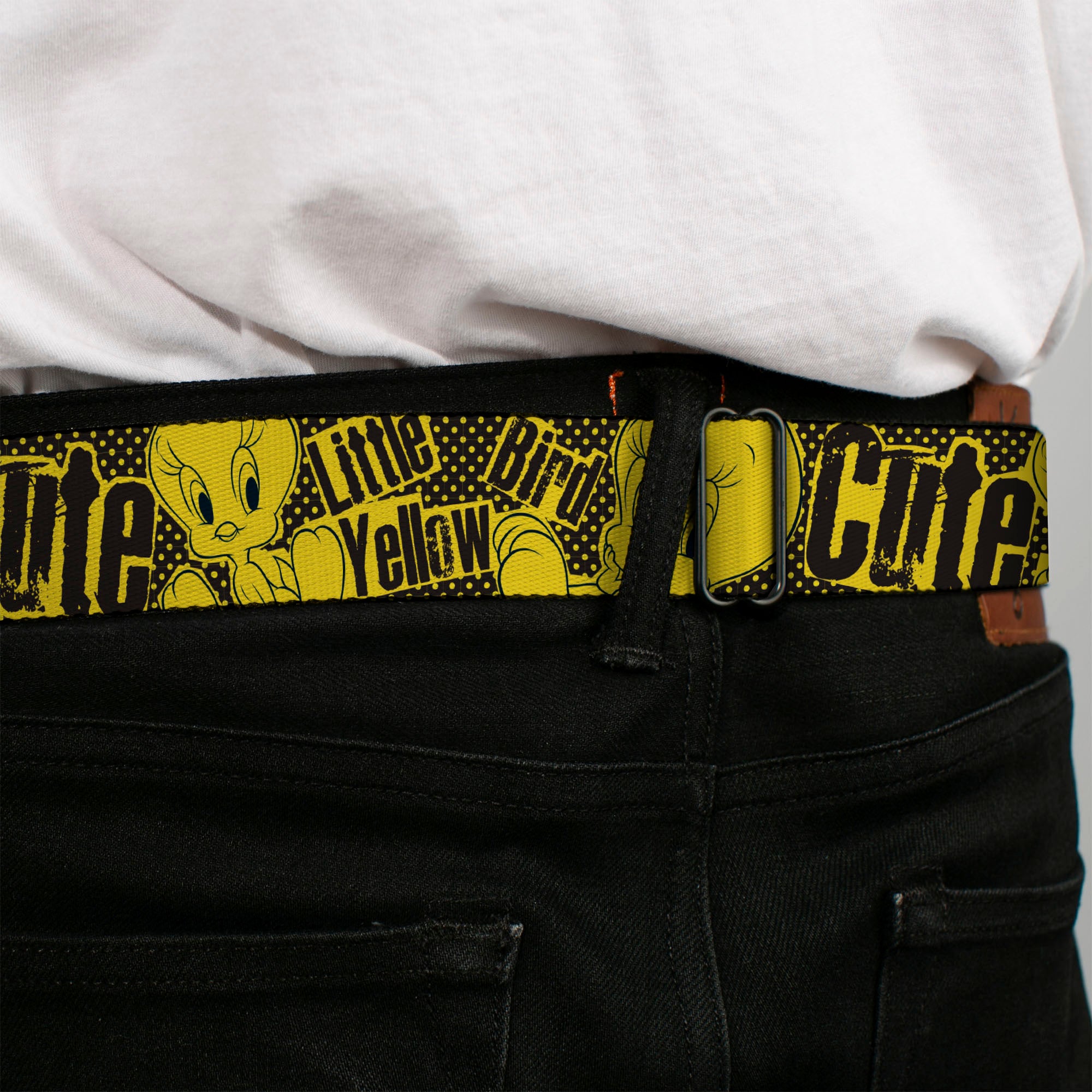 Looney Tunes Logo Full Color White Seatbelt Belt - Tweety Bird Poses CUTE LITTLE YELLOW BIRD Yellow/Black Webbing Seatbelt Belts Looney Tunes