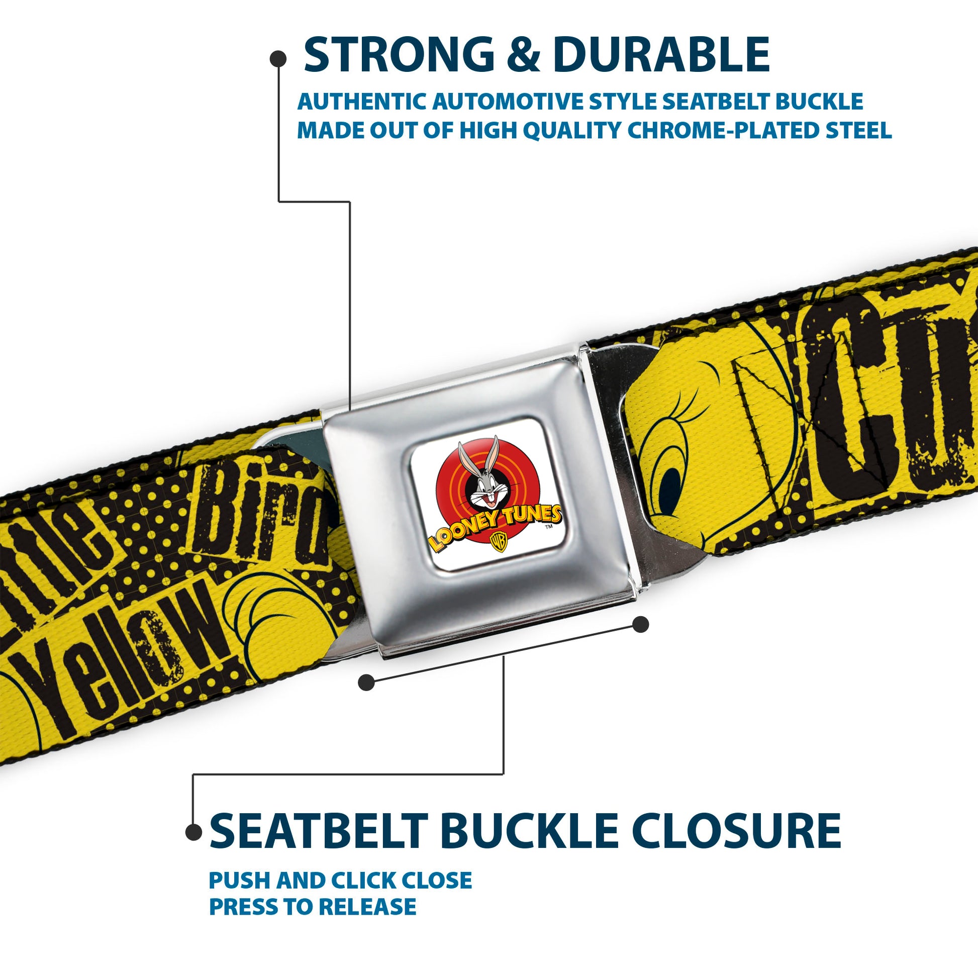 Looney Tunes Logo Full Color White Seatbelt Belt - Tweety Bird Poses CUTE LITTLE YELLOW BIRD Yellow/Black Webbing Seatbelt Belts Looney Tunes