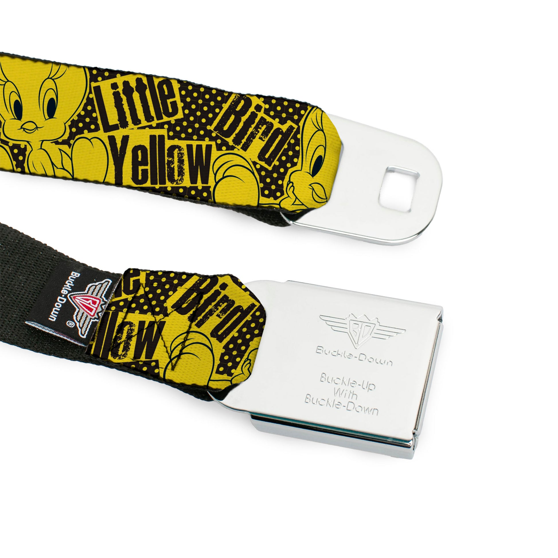 Looney Tunes Logo Full Color White Seatbelt Belt - Tweety Bird Poses CUTE LITTLE YELLOW BIRD Yellow/Black Webbing Seatbelt Belts Looney Tunes