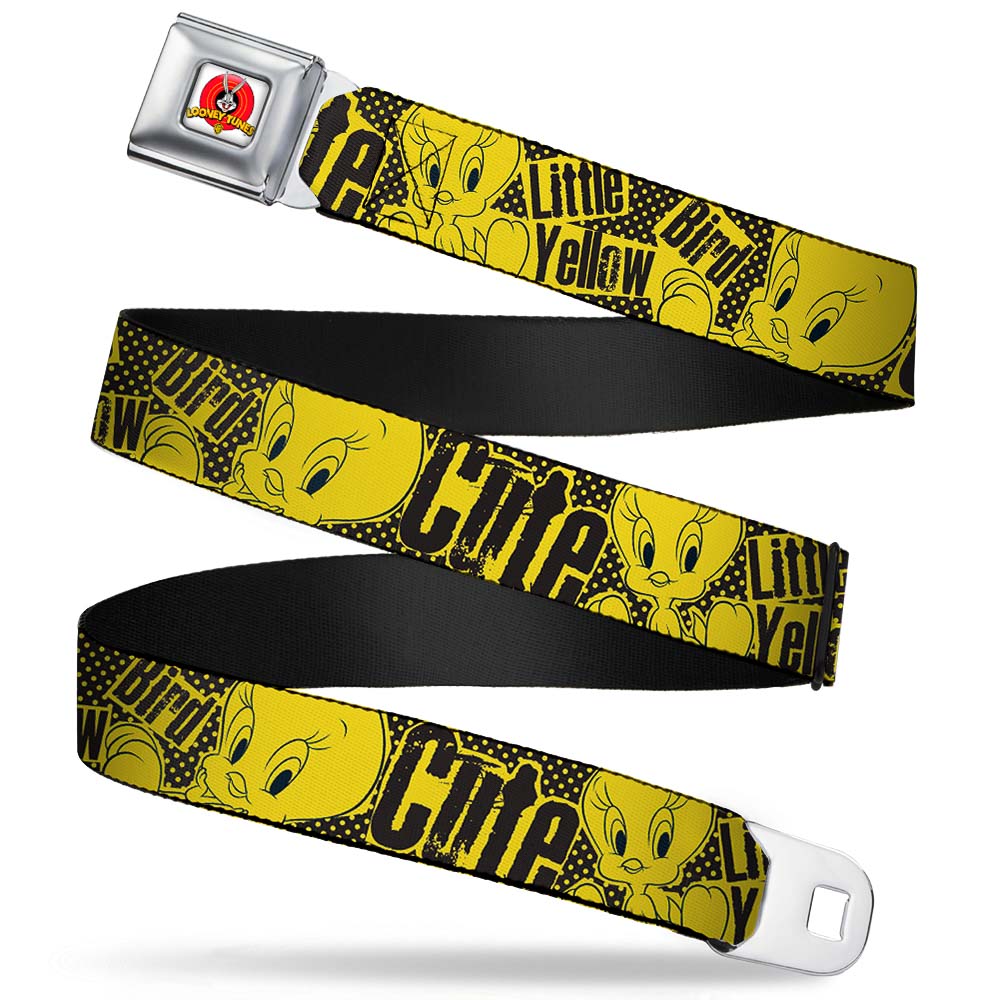 Looney Tunes Logo Full Color White Seatbelt Belt - Tweety Bird Poses CUTE LITTLE YELLOW BIRD Yellow/Black Webbing Seatbelt Belts Looney Tunes