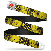 Looney Tunes Logo Full Color White Seatbelt Belt - Tweety Bird Poses CUTE LITTLE YELLOW BIRD Yellow/Black Webbing Seatbelt Belts Looney Tunes