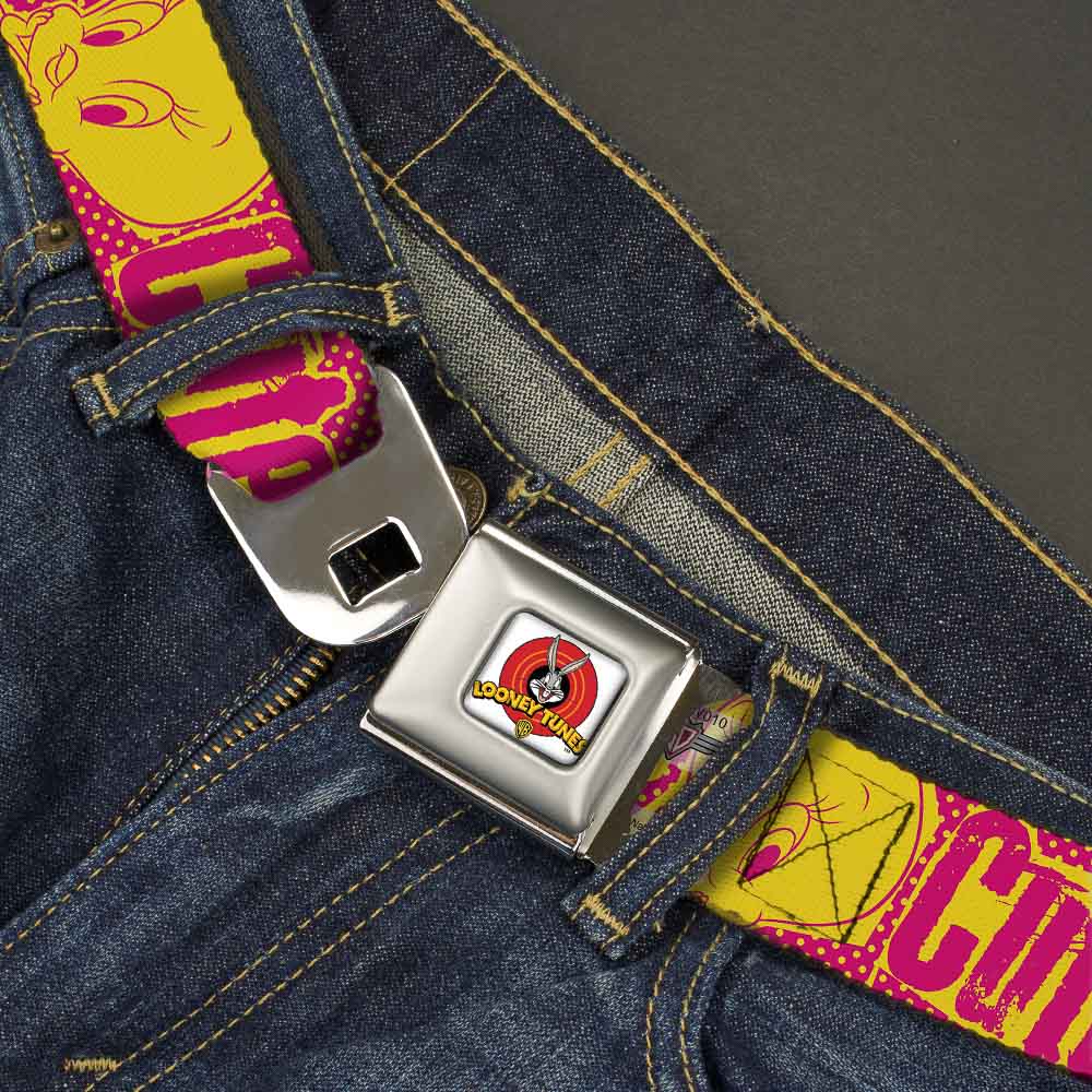 Looney Tunes Logo Full Color White Seatbelt Belt - Tweety Bird Poses CUTE LITTLE YELLOW BIRD Yellow/Pink Webbing Seatbelt Belts Looney Tunes