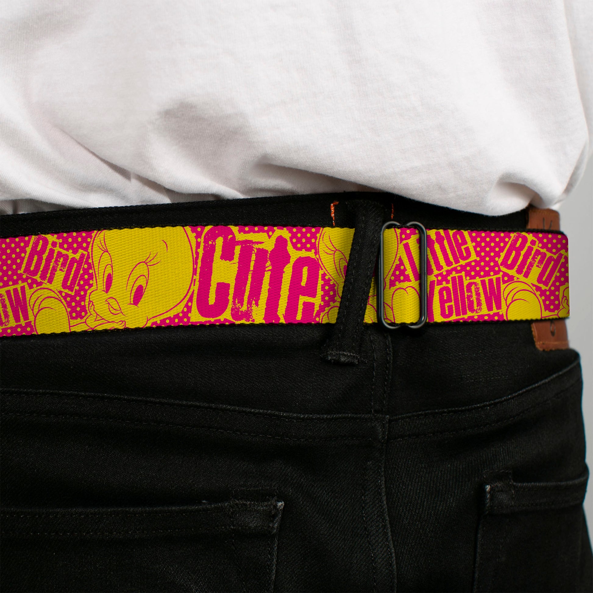 Looney Tunes Logo Full Color White Seatbelt Belt - Tweety Bird Poses CUTE LITTLE YELLOW BIRD Yellow/Pink Webbing Seatbelt Belts Looney Tunes