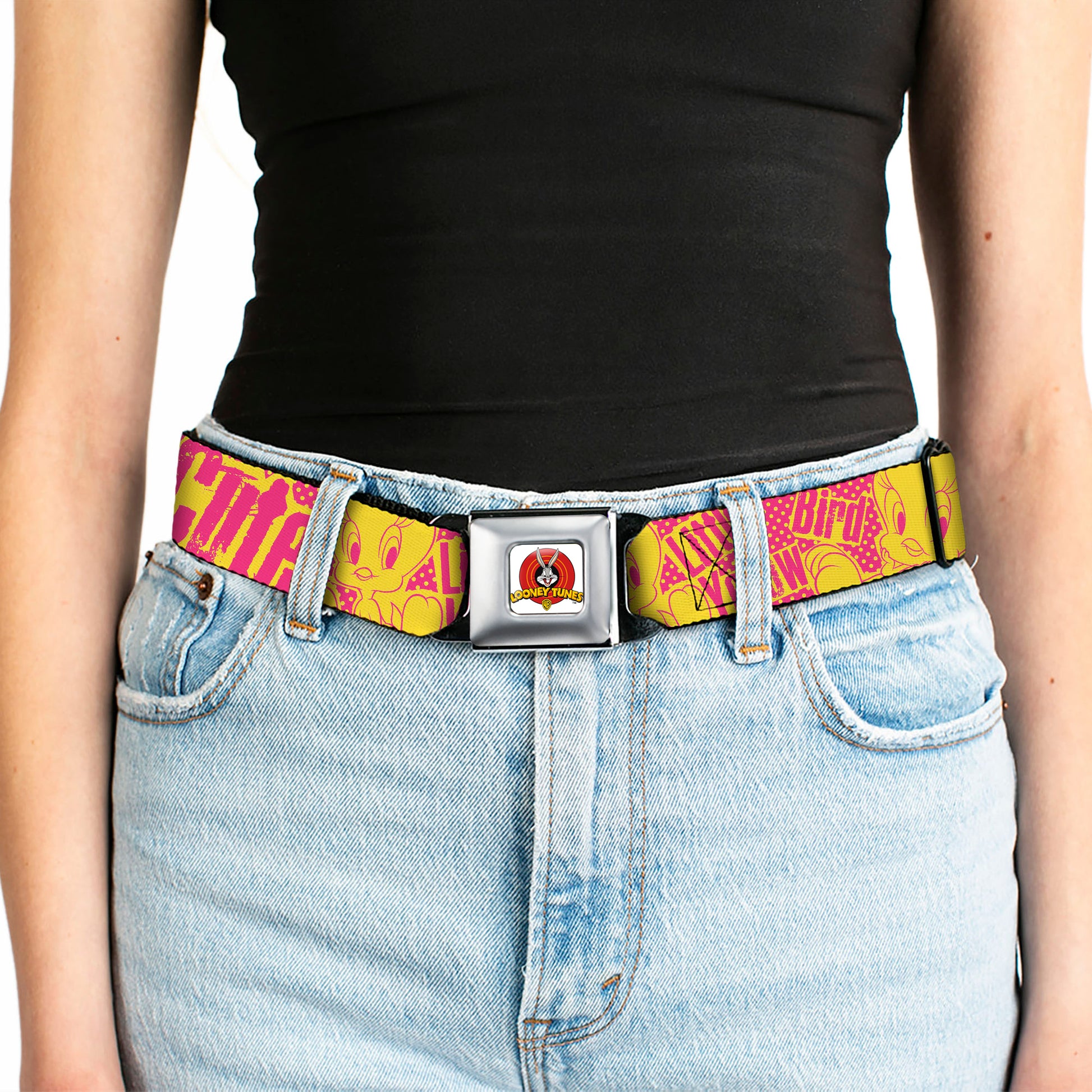 Looney Tunes Logo Full Color White Seatbelt Belt - Tweety Bird Poses CUTE LITTLE YELLOW BIRD Yellow/Pink Webbing Seatbelt Belts Looney Tunes
