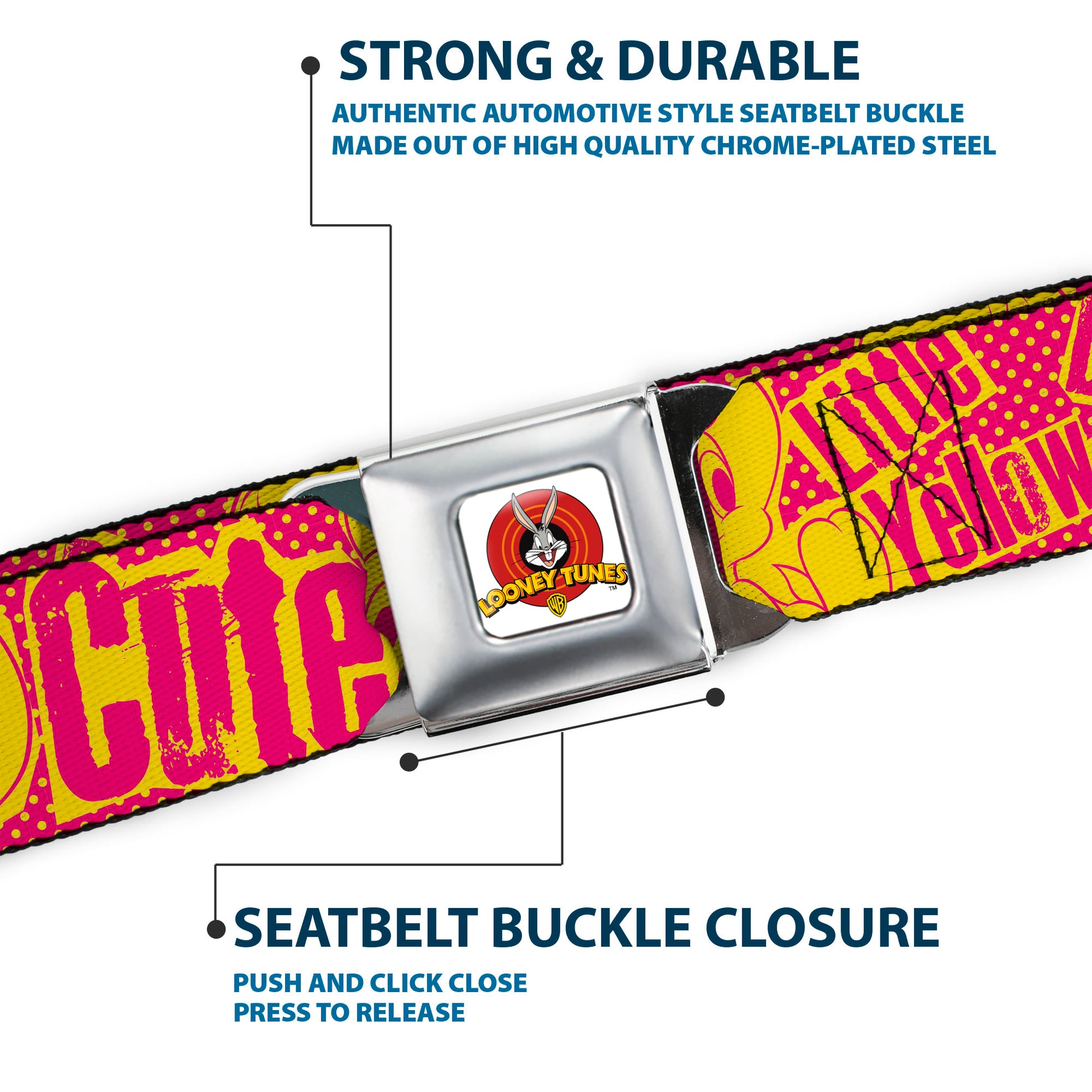 Looney Tunes Logo Full Color White Seatbelt Belt - Tweety Bird Poses CUTE LITTLE YELLOW BIRD Yellow/Pink Webbing Seatbelt Belts Looney Tunes