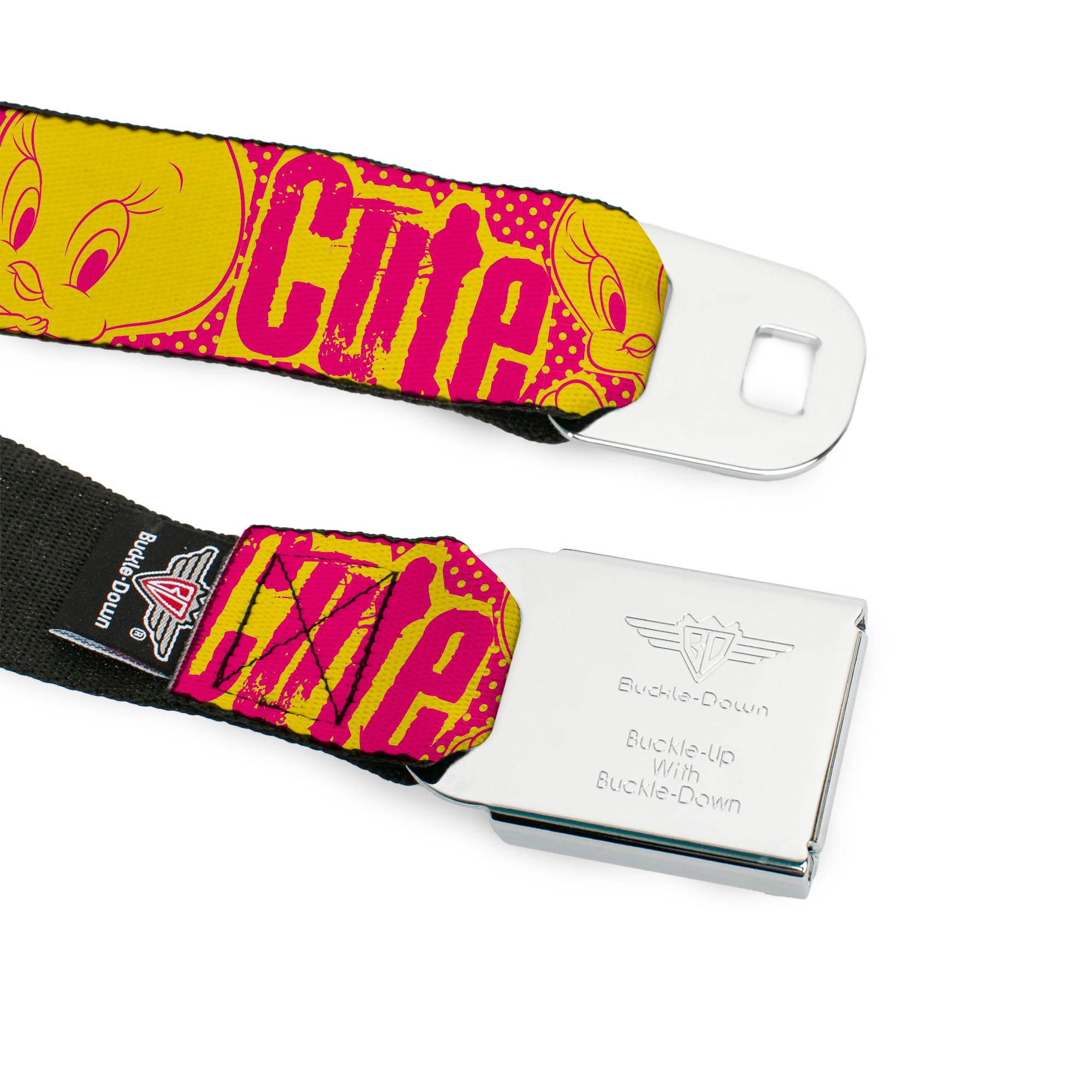 Looney Tunes Logo Full Color White Seatbelt Belt - Tweety Bird Poses CUTE LITTLE YELLOW BIRD Yellow/Pink Webbing Seatbelt Belts Looney Tunes