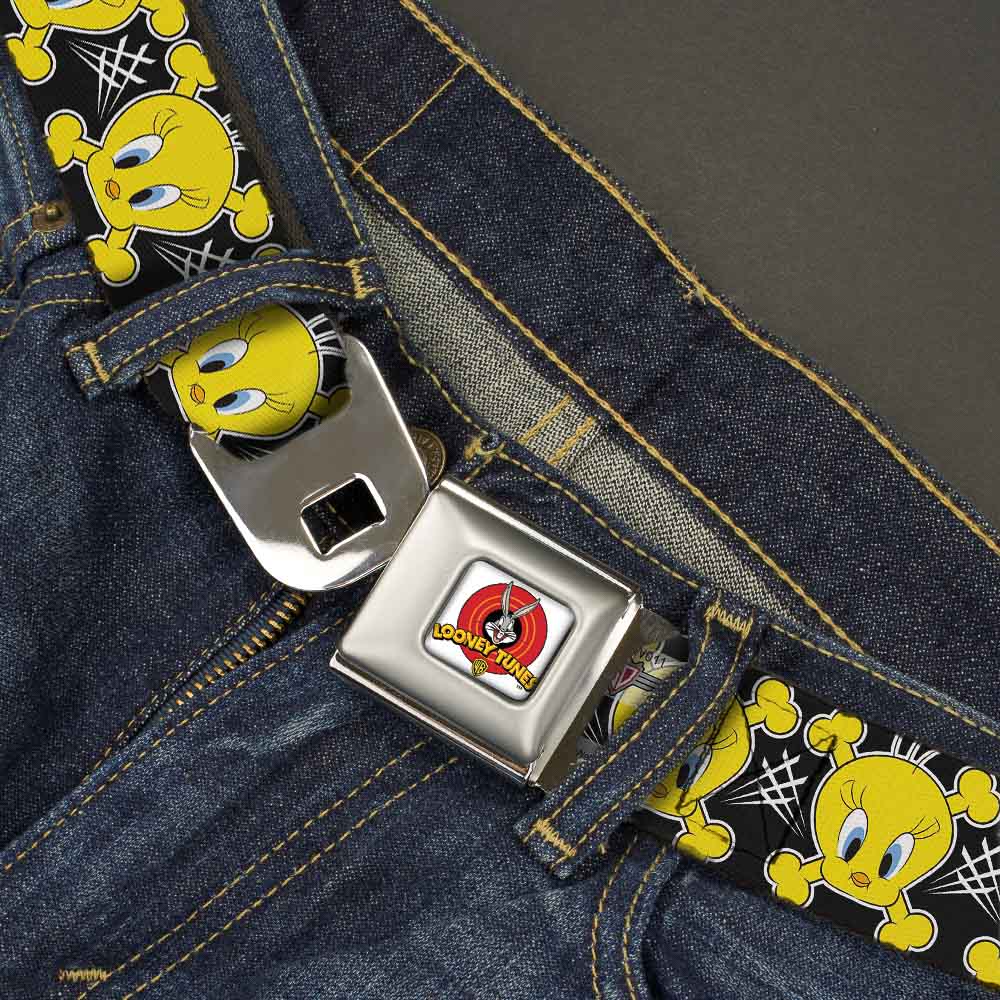 Looney Tunes Logo Full Color White Seatbelt Belt - Tweety Bird & Crossbones Black/White/Yellow Webbing Seatbelt Belts Looney Tunes